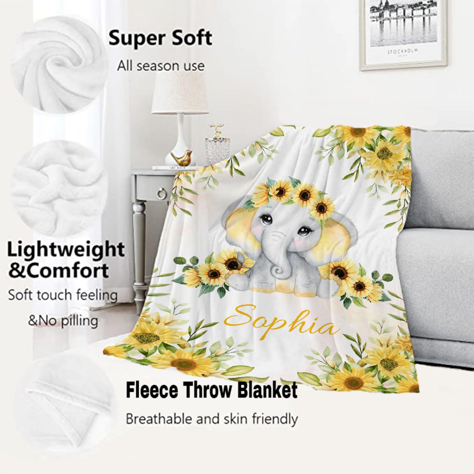 Personalized Baby Blanket with Name - Custom Sunflower Elephant Fleece Throw for Boys & Girls - Soft Cozy Plush Quilt for Nursery, Crib & Family Gifts - Perfect for Baby Showers, Birthdays & Newborn Photos