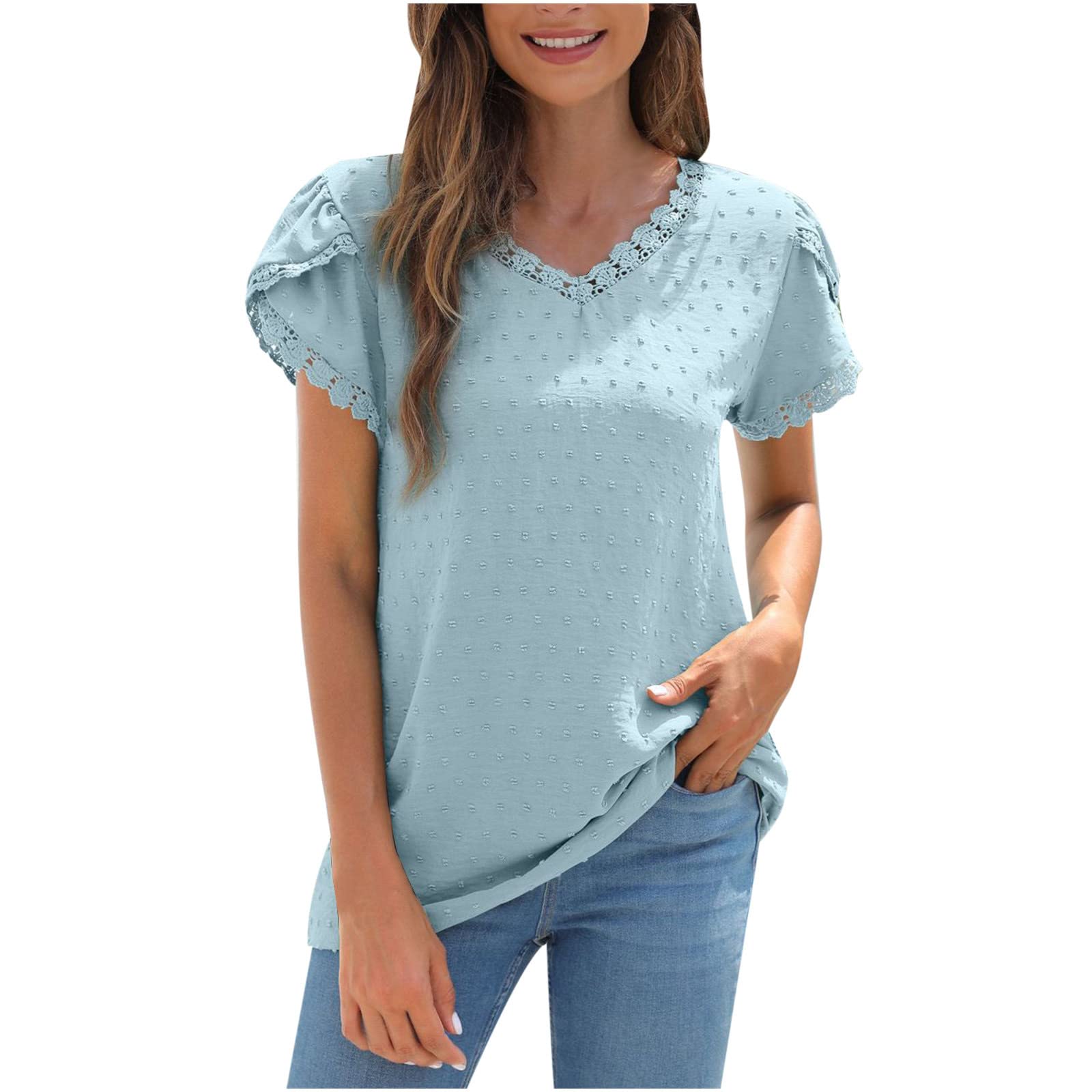 Sexy Lace Patchwork V-Neck Blouse for Women - Trendy Short Sleeve Summer Top - Perfect for Date Night, Parties & Casual Outings