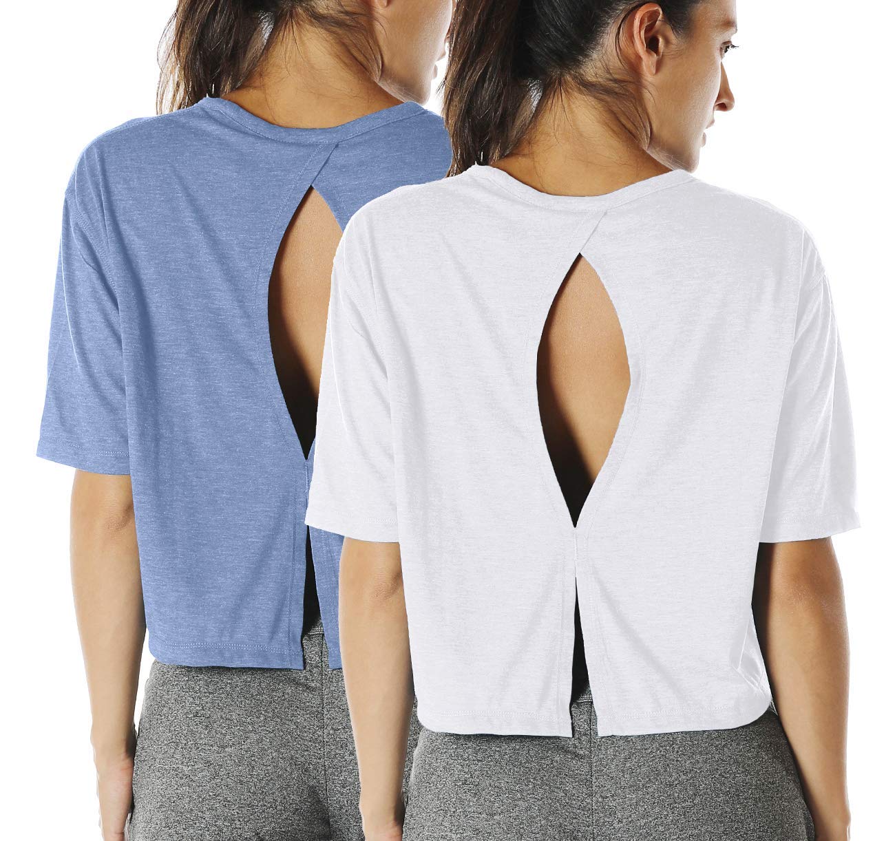 Icyzone Women's Open Back Workout Top - Breathable Yoga T-Shirt & Activewear Crop Top for Gym, Running, Pilates (2-Pack) - Perfect for Yoga Sessions & Summer Outdoor Activities