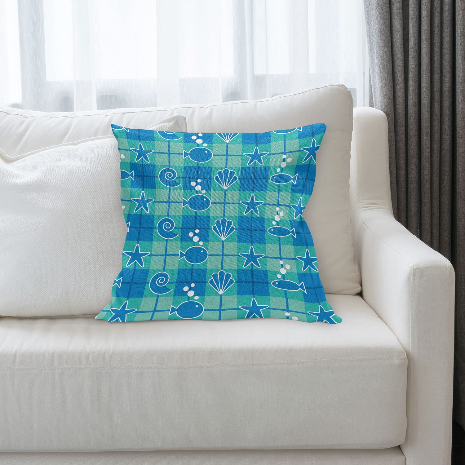 Ambesonne Sea Shells Throw Pillow Cover 16x16 Inch - Plaid Pattern with Cartoon Marine Silhouettes, Fish, Starfish & Bubbles - Mint Green Blue White Decorative Square Accent Cushion Case for Living Room, Bedroom & Coastal Home Decor