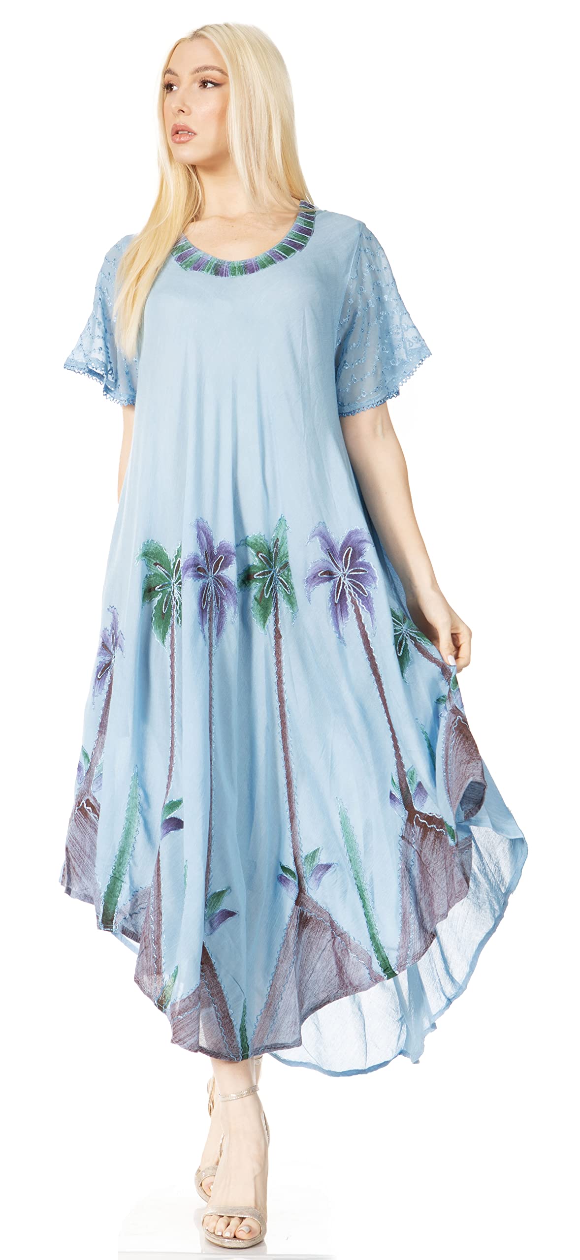 Sakkas Women's Watercolor Palm Tree Tank Caftan Dress - Beach Cover Up, Summer Vacation Outfit, Boho Chic Loungewear