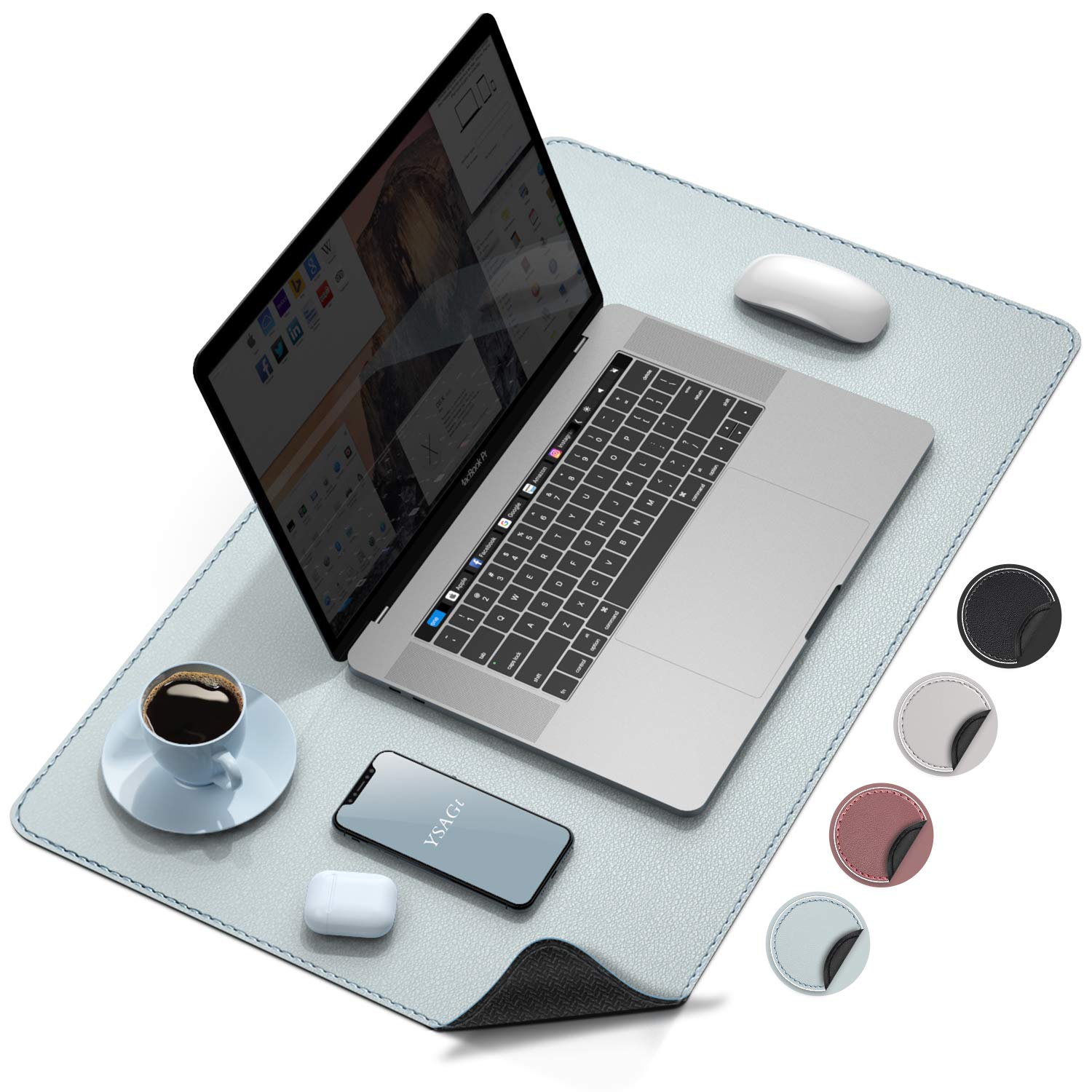 YSAGi Premium Soft Leather Desk Pad - Non-Slip Rubber Base Large Mouse Mat, Waterproof PU Desk Protector & Blotter for Office & Home Use (Light Blue, 23.6