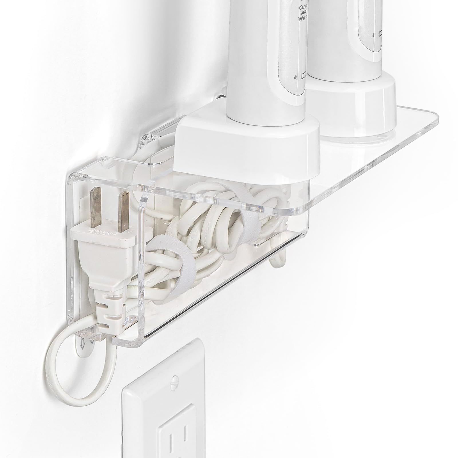 OAPRIRE Acrylic Wall Mount Electric Toothbrush Holder with Cable Organizer - Space Saving Bathroom Organizer for Oral Care Essentials (Perfect for Small Bathrooms & Convenient Charging Stations)