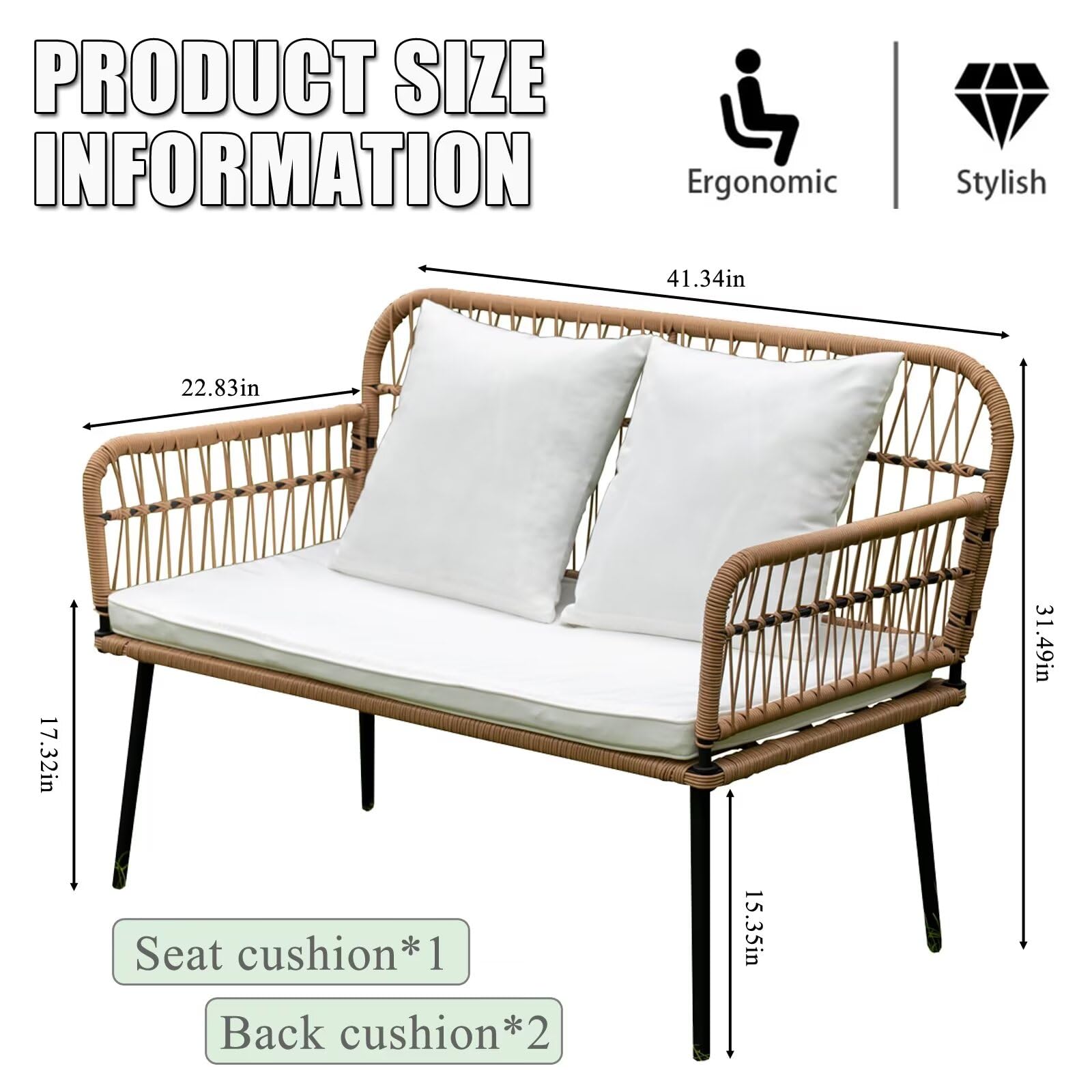 Homsido 41'' Outdoor Patio Loveseat - Boho Rattan Woven 2-Seat Wicker Sofa Chair for Garden, Balcony, Poolside or Backyard - Perfect for Relaxing, Sunbathing and Outdoor Conversations