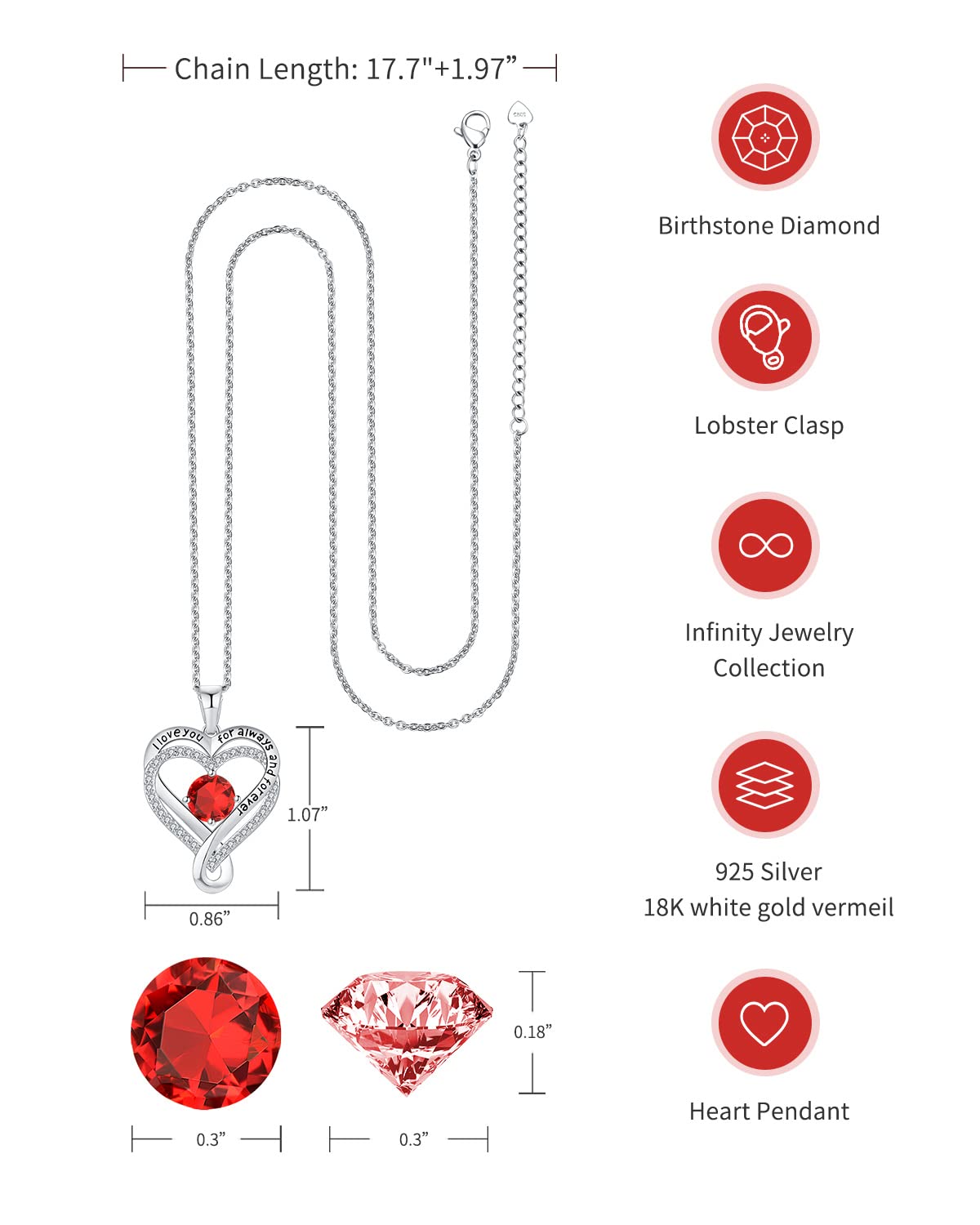 Infinity Heart Birthstone Necklace for Women - S925 Sterling Silver I Love You Jewelry Gift for Wife, Girlfriend, Mom, Daughter | Anniversary, Birthday Present | Perfect for Valentine's Day, Mother's Day & Special Occasions