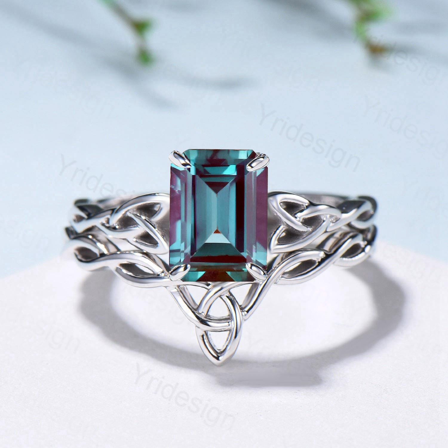 Viking Wedding Ring Set - Celtic Knot Lab Alexandrite Engagement & Wedding Band (June Birthstone) - Unique 2-Piece Twisted Bridal Jewelry Set for Norse-Inspired Weddings & Anniversary Gifts