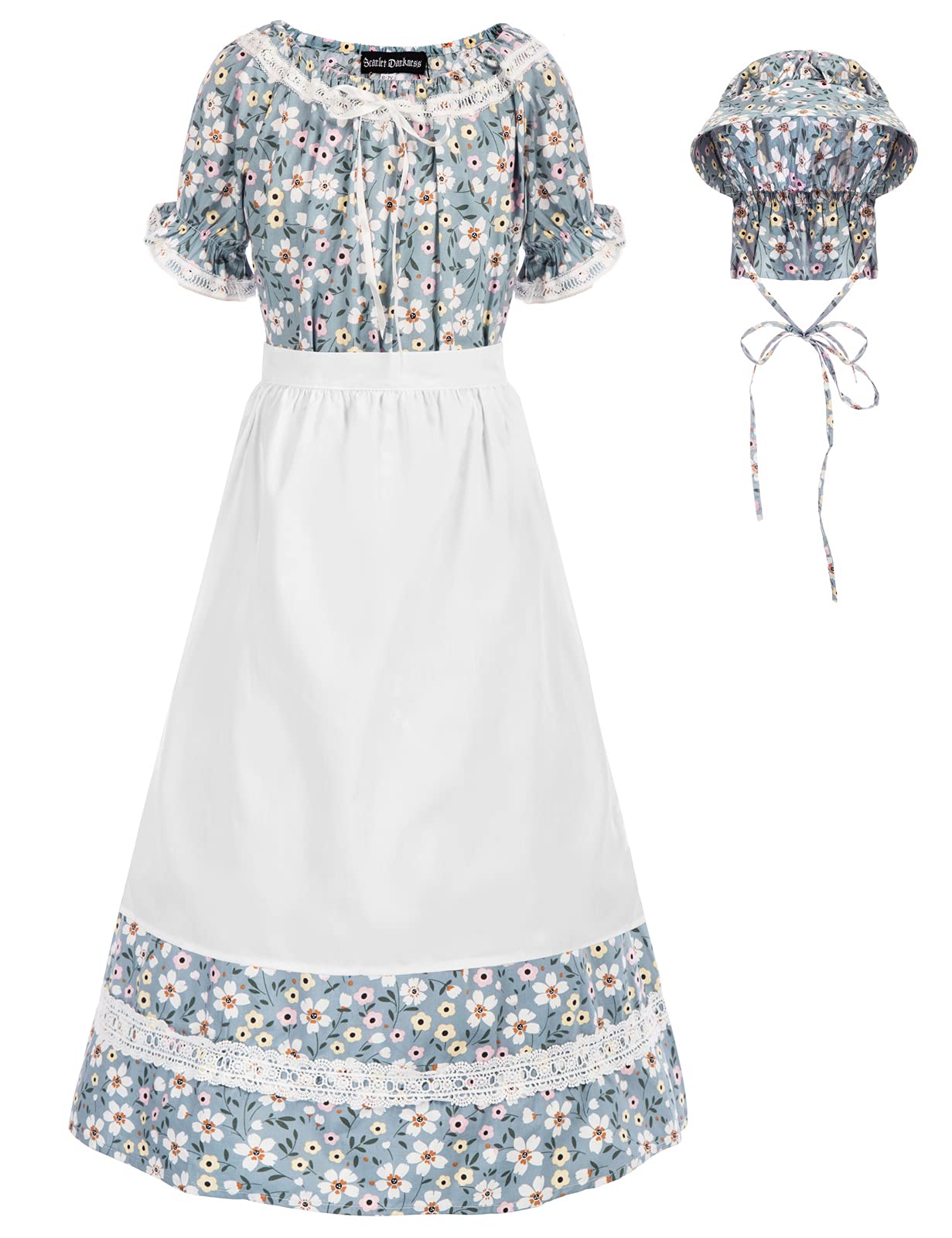 SCARLET DARKNESS Pioneer Costume Floral Colonial Dresses for Girls Age 6-15 | Historical Reenactment, Halloween & Tea Party Outfits