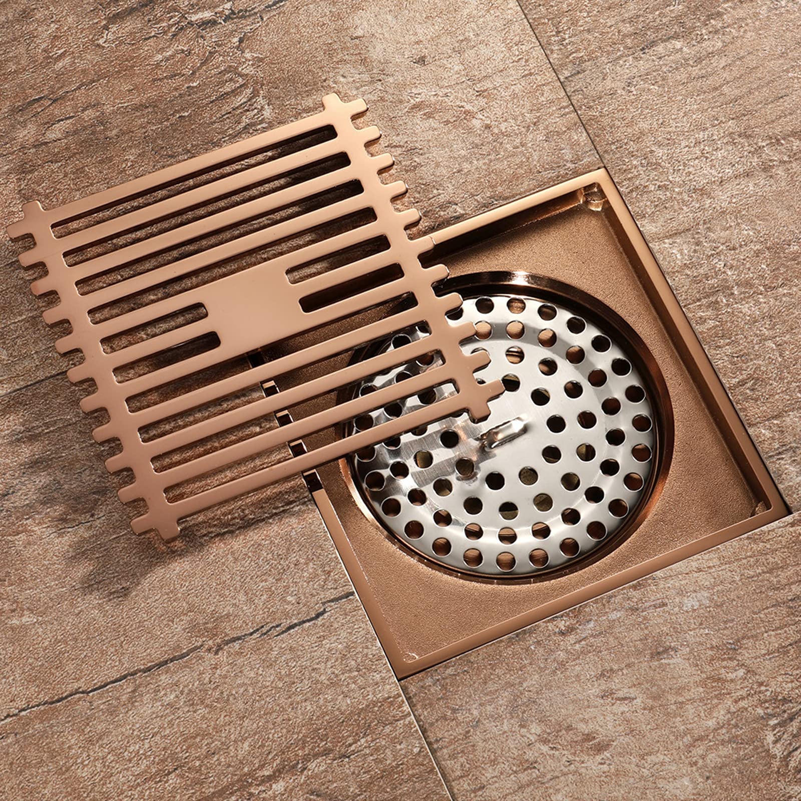 4 Inch Square Rose Gold Shower Drain - Brass Floor Drain with Tile Insert Grate & Deodorant Core - Bathroom Shower Waste Drain for Modern Tile Showers and Wet Rooms