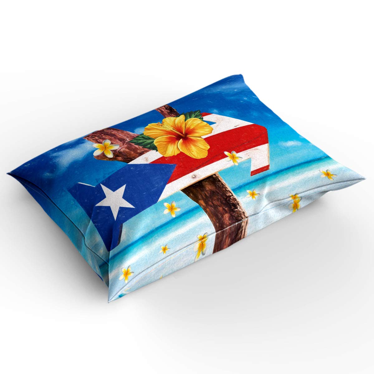 4-Piece Puerto Rico Flag Duvet Cover Set with Hibiscus Print - Queen Size Ultra Soft Quilted Bedding Includes 2 Pillowcases - Tropical Seaside Landscape Design for Coastal & Vacation Home Decor