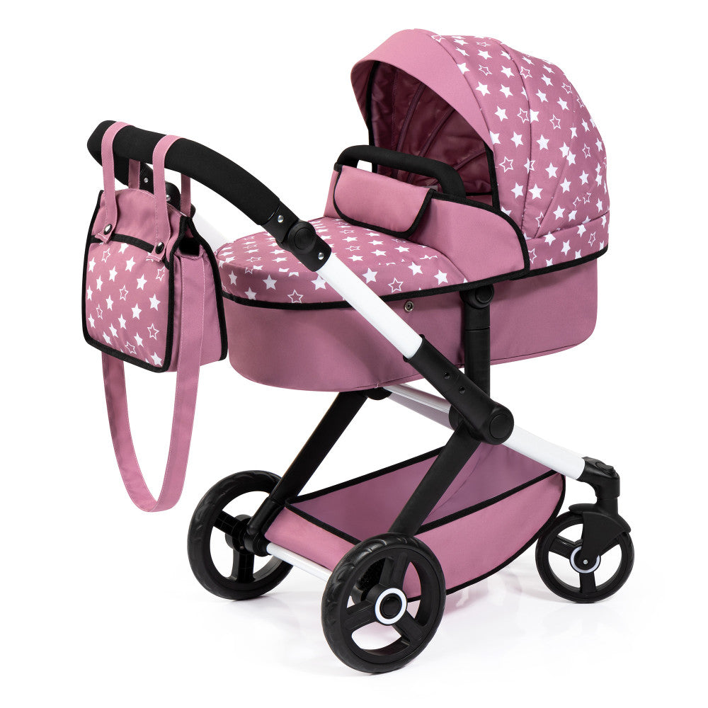 Bayer Design Xeo Doll Pram Playset - Pink & White with Star Pattern | Perfect for Pretend Play, Doll Accessories & Kids' Role Playing Games