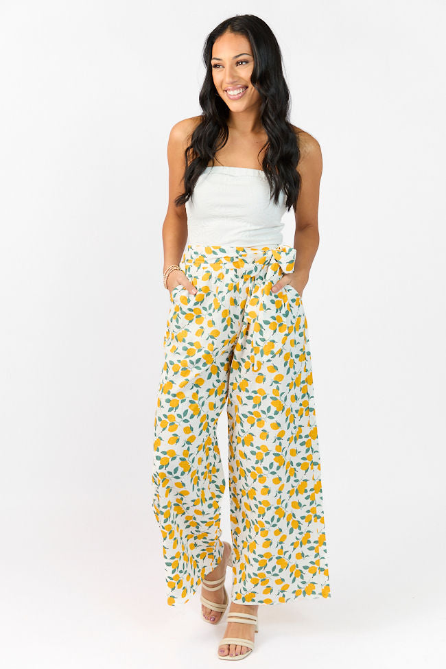 Main Squeeze Ivory Lemon Print Belted Wide Leg Pants - Women's Casual Summer Trousers for Beach, Vacation & Boho Style Outfits