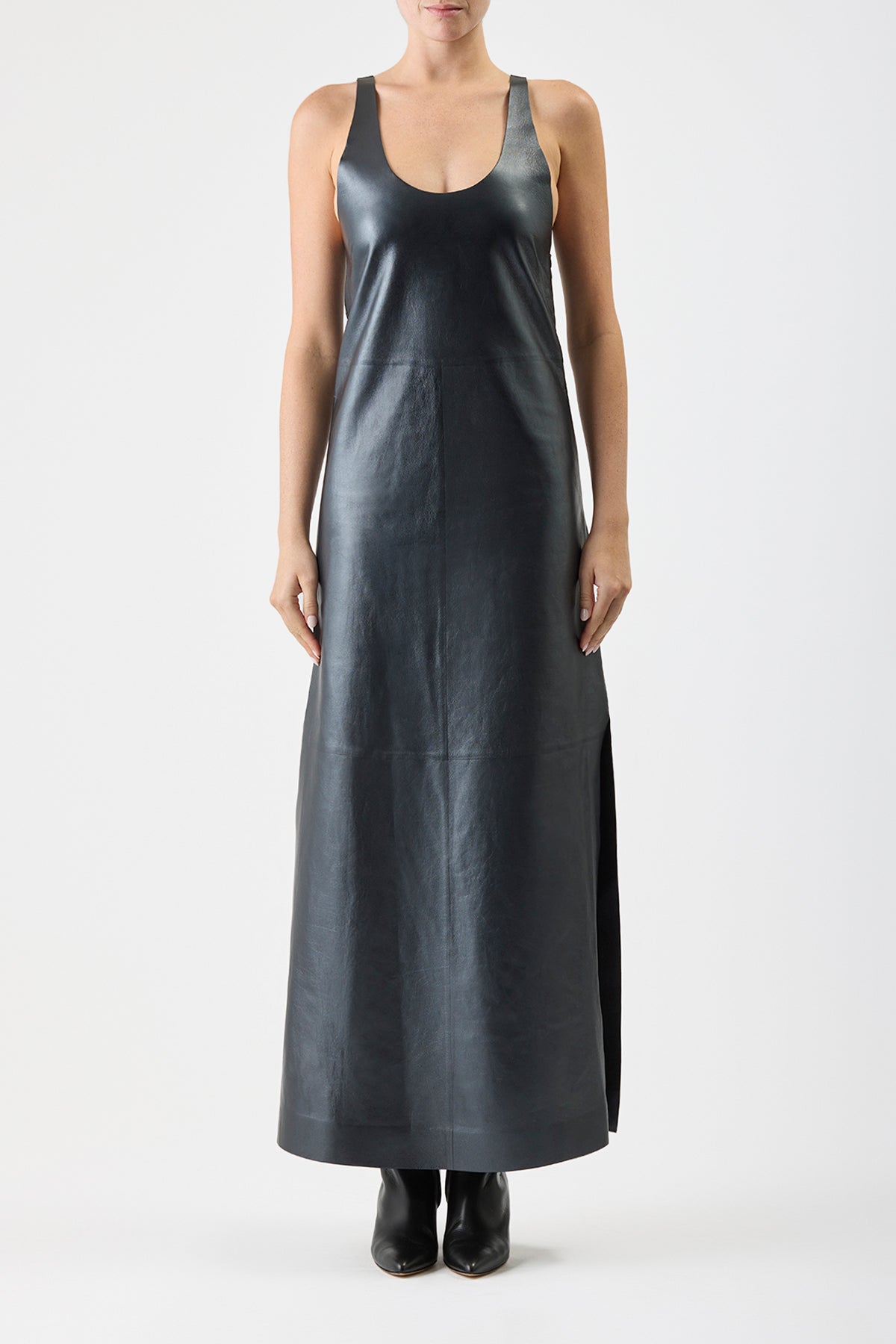 Ellson Black Metallic Nappa Leather Maxi Dress - Elegant Evening Gown for Parties, Weddings & Special Occasions