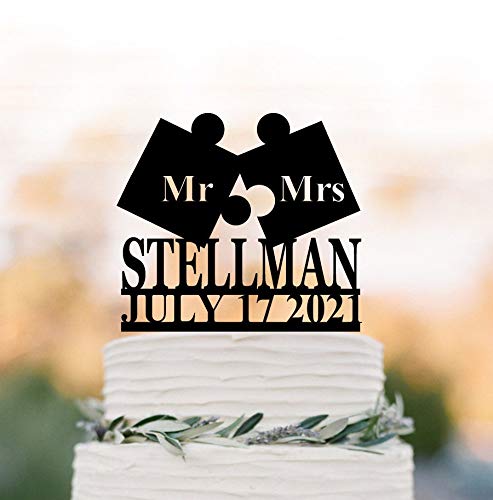 Customized Name Puzzle Piece Wedding Cake Topper - Personalized Mr & Mrs Cake Topper with Date - Unique Puzzle Theme for Wedding Cakes | Perfect for Anniversaries, Bridal Showers & Romantic Celebrations