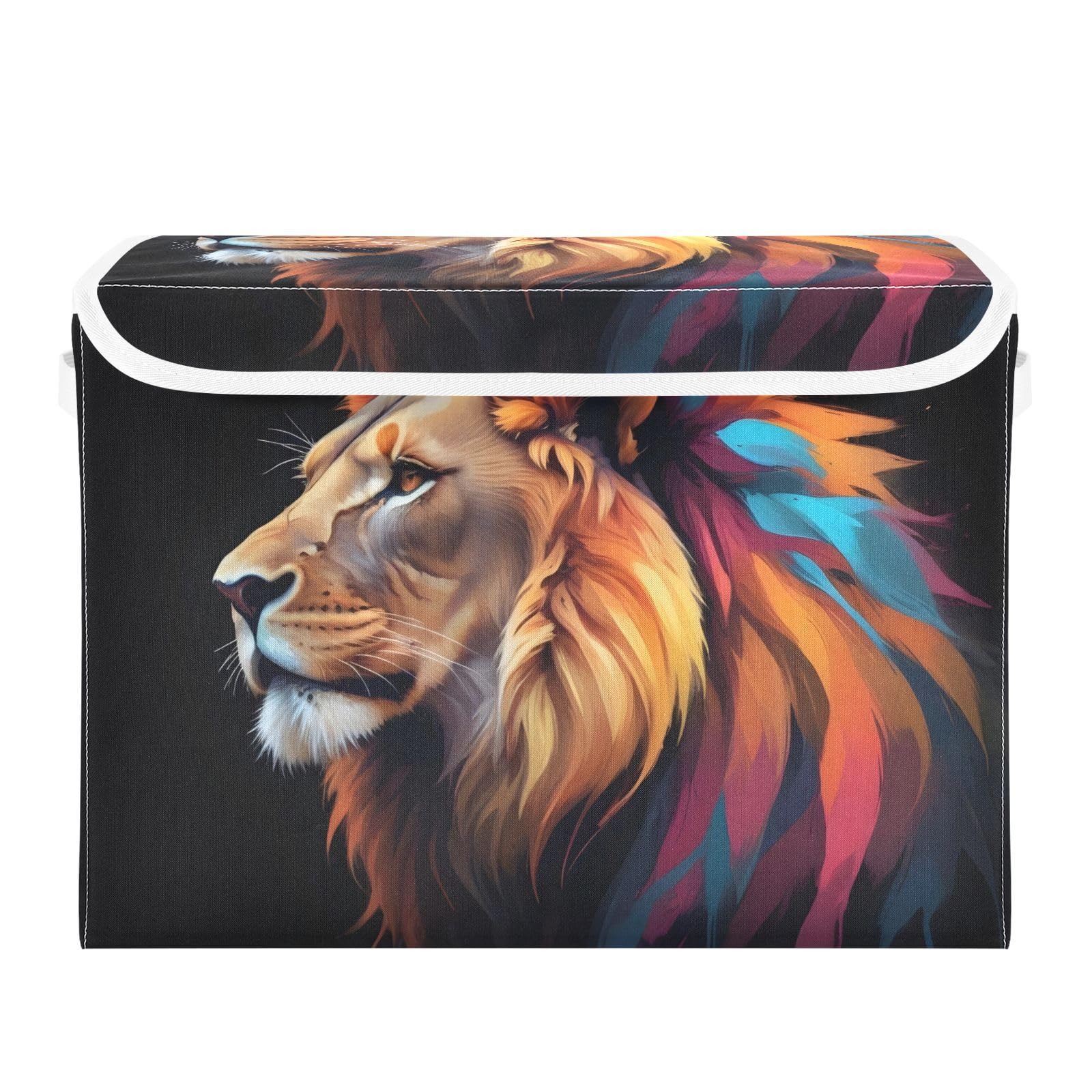 Collapsible Fabric Storage Bins with Handles - 16.5×12.6×11.8 Inch Lidded Cube Baskets for Home, Bedroom, Closet & Office Organization - Colorful Hair Lion Pattern (Great for Toys, Blankets & Seasonal Storage)