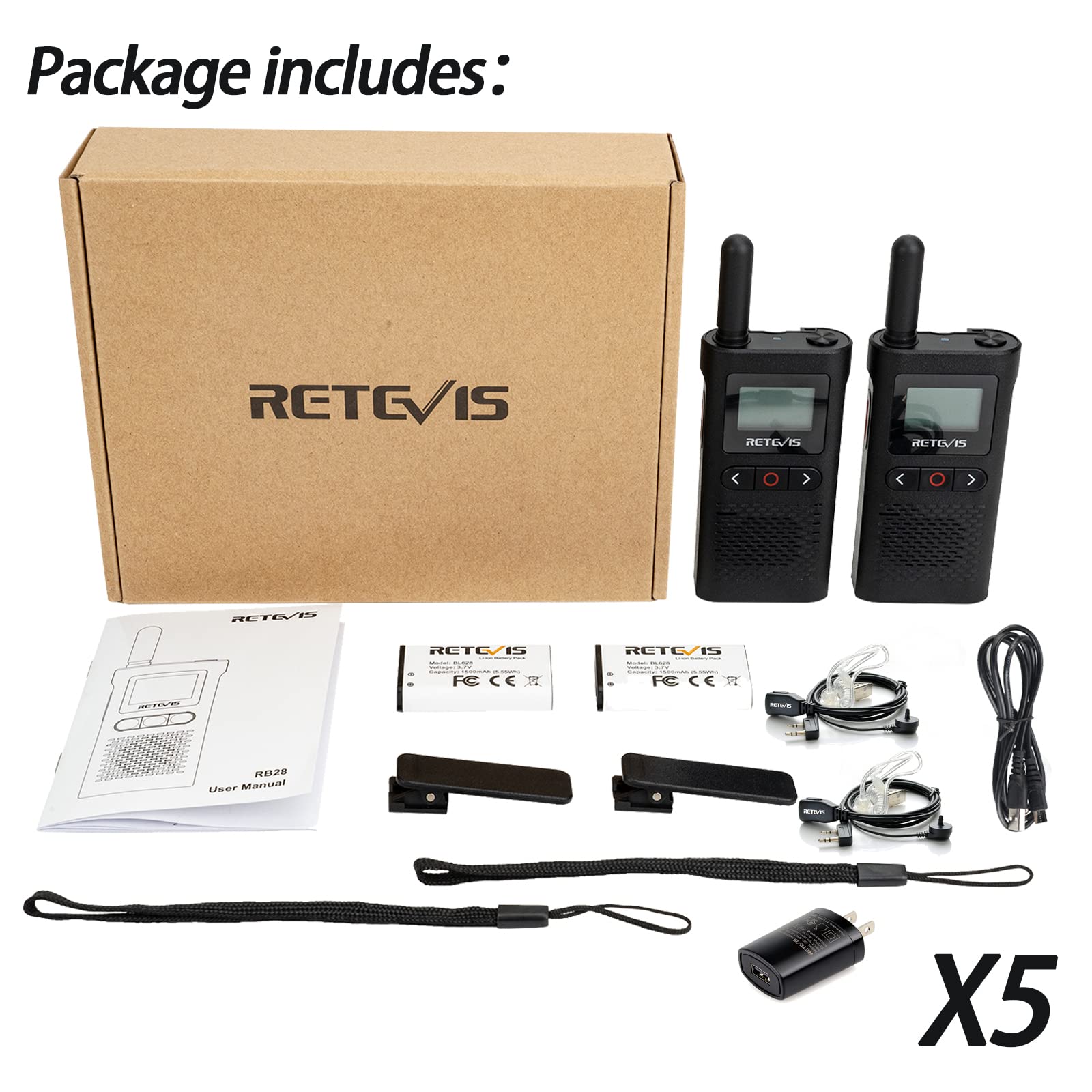 Retevis RB28 Rechargeable Walkie Talkies with Earpiece - USB-C Long Range Two Way Radios, 1500mAh Battery, NOAA Weather Alert, Large LCD Screen - 10 Pack for Business, School, Restaurant & Healthcare Use