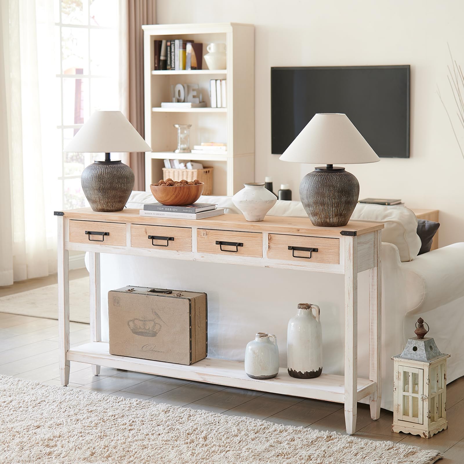 Rustic Farmhouse Console Table with 4 Drawers - 60