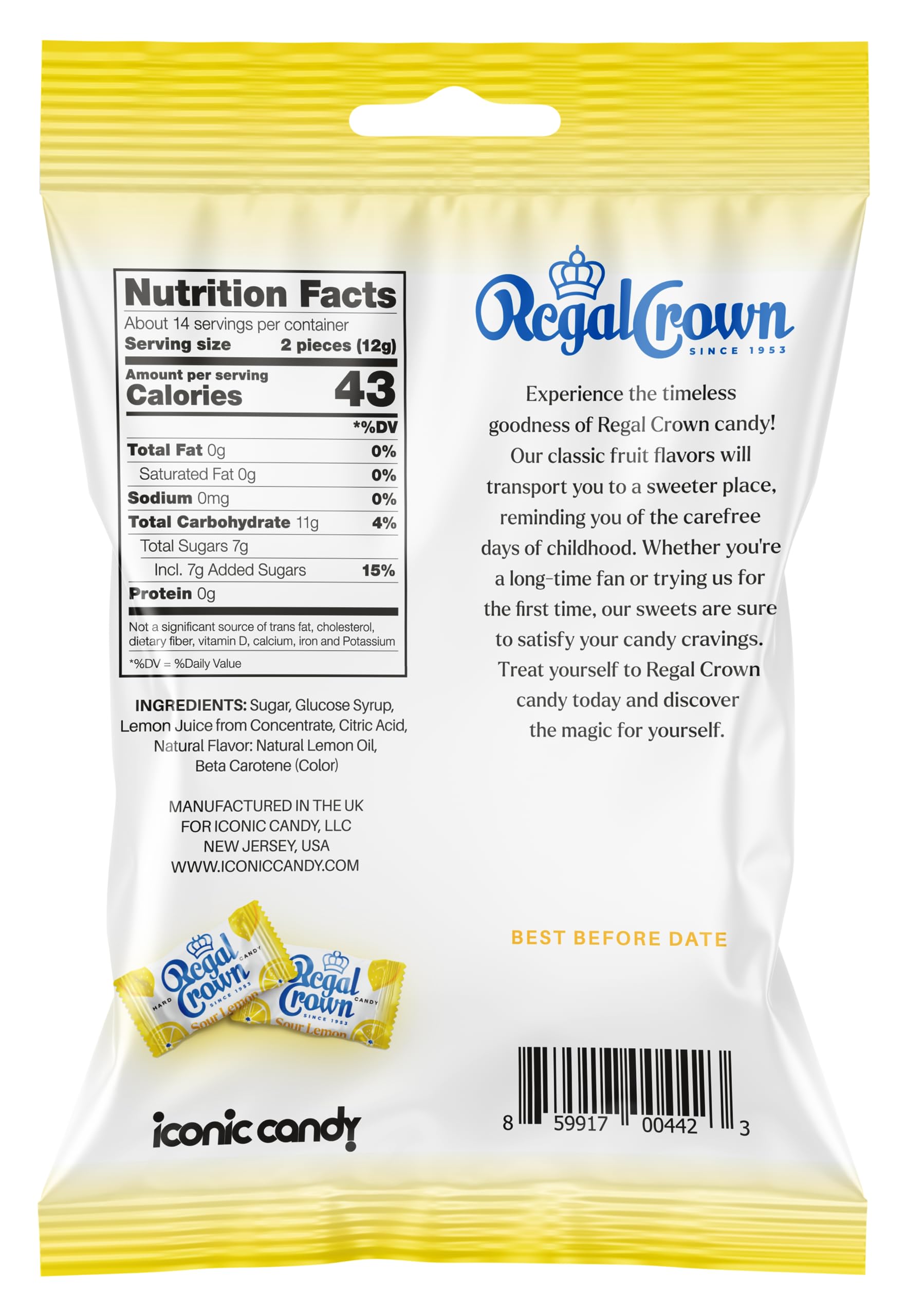 Regal Crown Sour Lemon Hard Candy - Tangy Old Fashioned Lemon Flavored Candy | 6.25oz Resealable Bag (Pack of 2) | Perfect for Parties, Office Treats & Nostalgic Candy Lovers