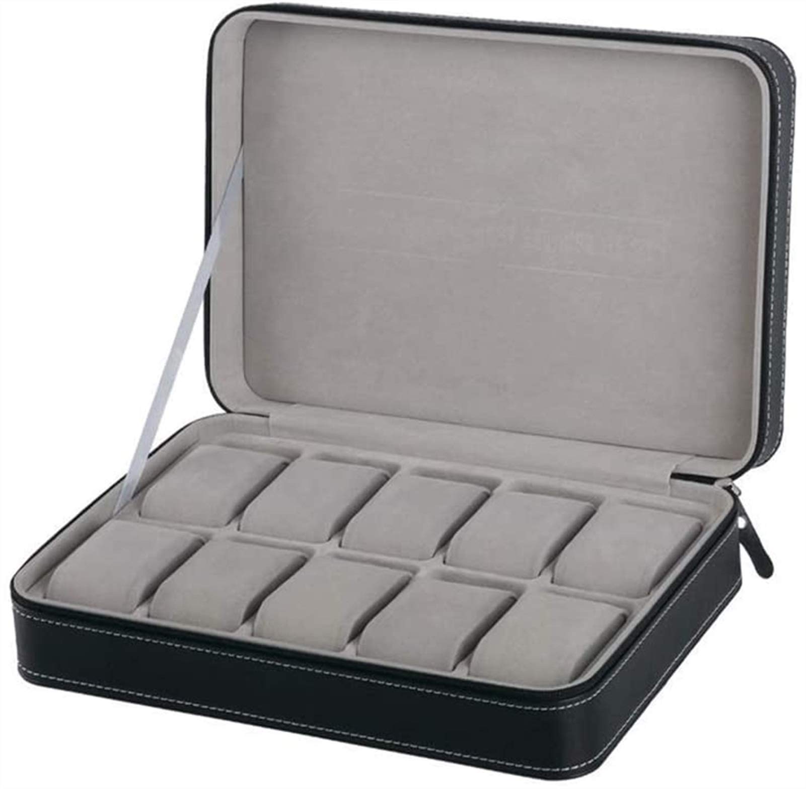 Premium PU Leather Watch Box with Zipper - 10 Grid Watch Organizer Case for Men & Women - Durable Travel Storage & Display (Black) - Perfect for Jewelry, Watches & Accessories Organization at Home or Travel