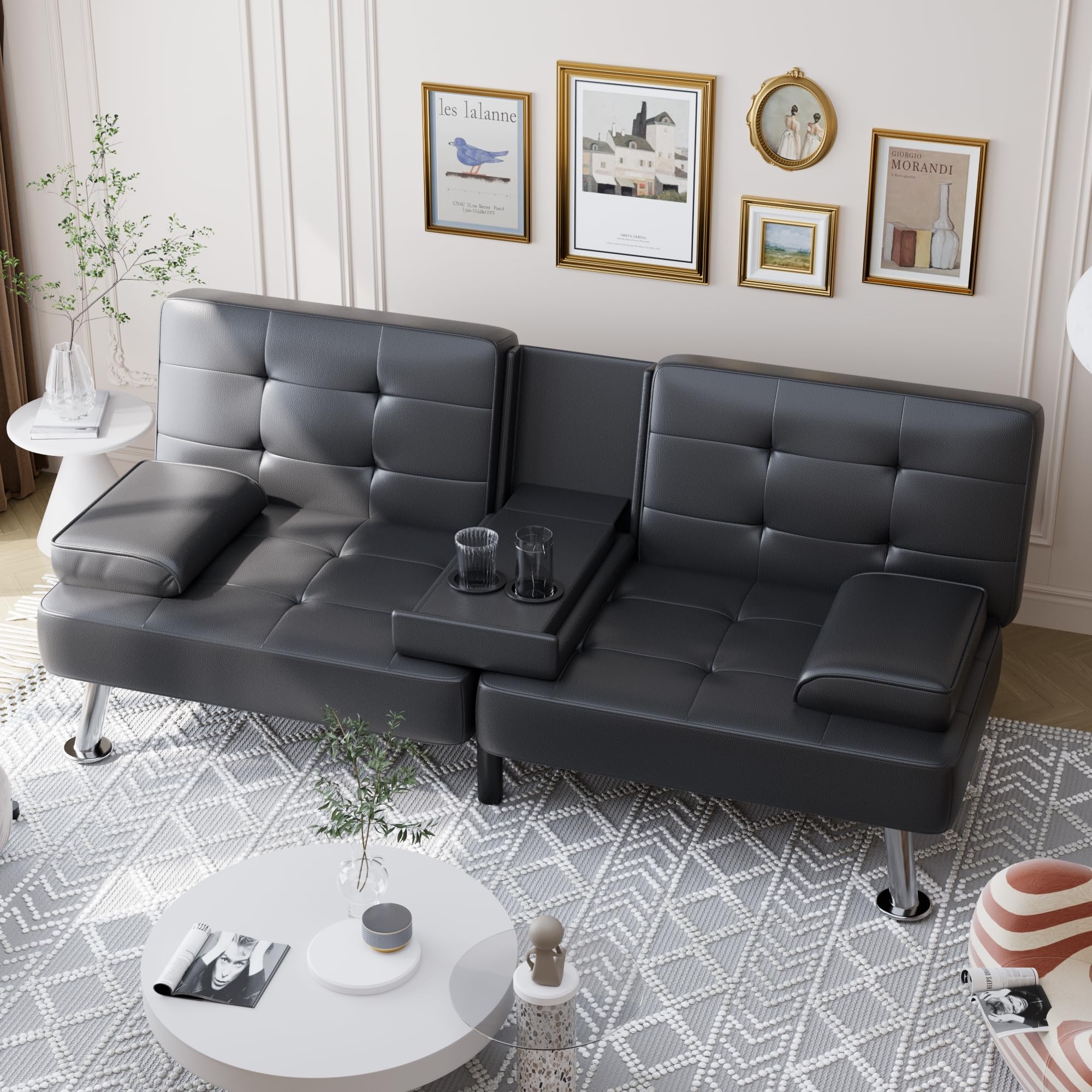 Shahoo Convertible Folding Futon Sofa Bed - 3-in-1 Sleeper Couch for Living Room, Guest Room & Small Spaces - Faux Leather Upholstered Loveseat with Removable Armrests, Sturdy Metal Legs & 2 Cup Holders - Black - Perfect for Apartments, Dorms, Home Office & Studio Living