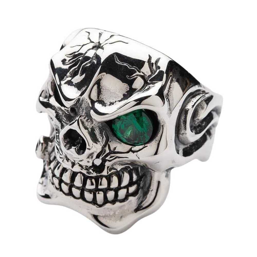 Bikerringshop 925 Sterling Silver Men's Skull Ring with Emerald Eyes - Gothic Jewelry for Bikers, Rockers & Punk Fashion Lovers