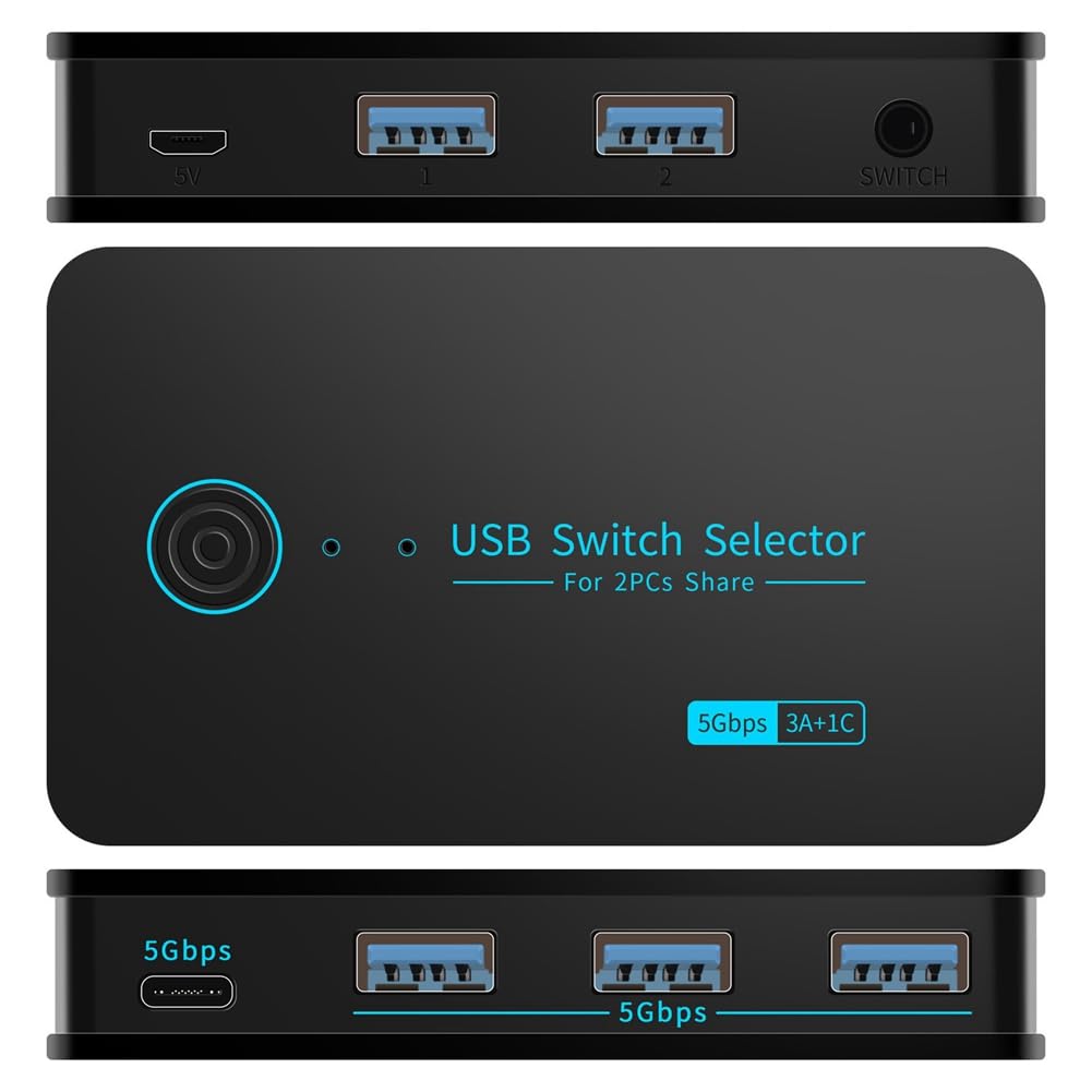 USB 3.0 KVM Switch Selector 4 Ports (3 USB 3.0 + 1 USB-C) - Share Printer, Scanner & Devices Between 2 Computers - Perfect for Home Office & Multi-Device Workspaces