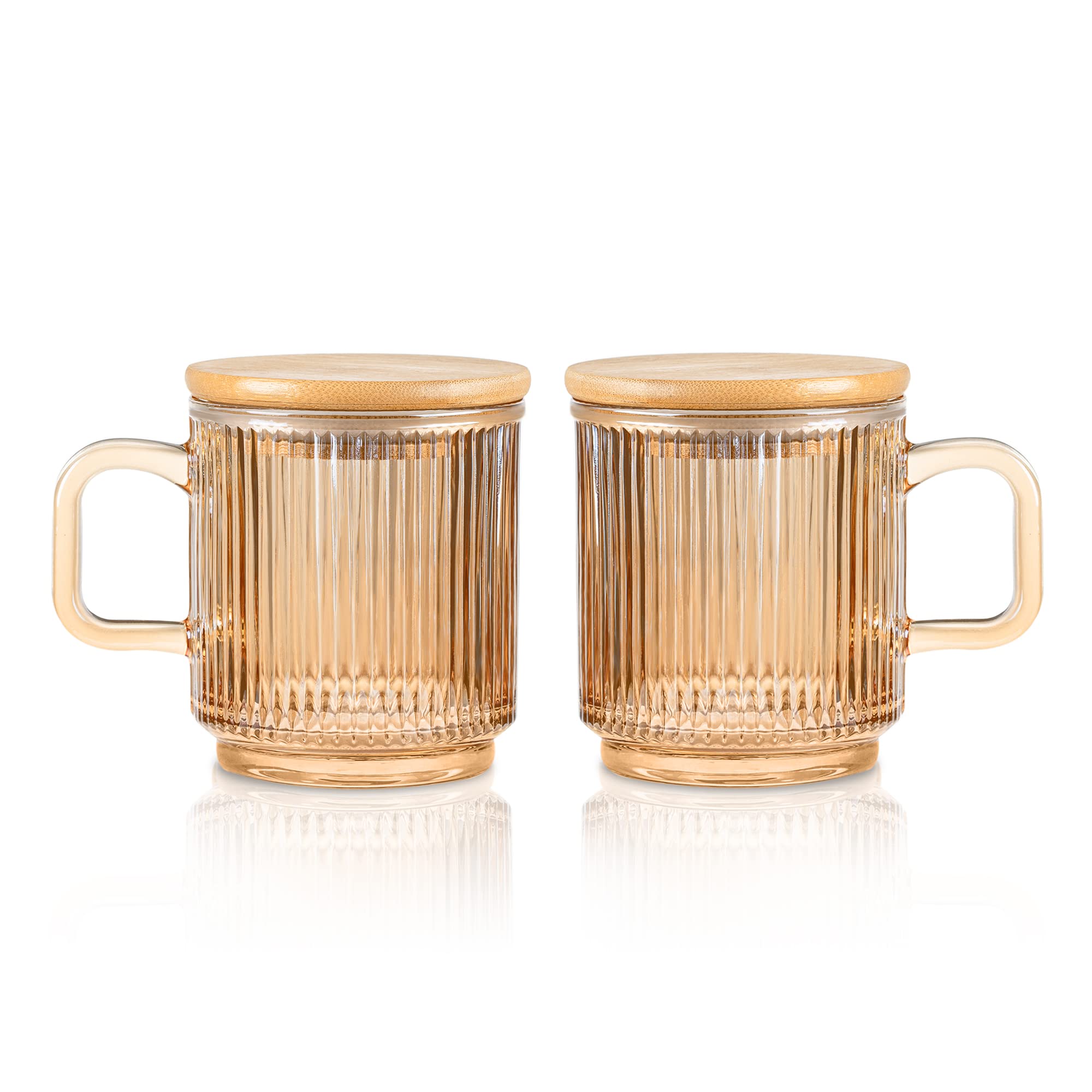 Amber Glass Coffee Mugs Set of 2 - 11.5oz Striped Cups with Lids for Latte, Tea & Juice