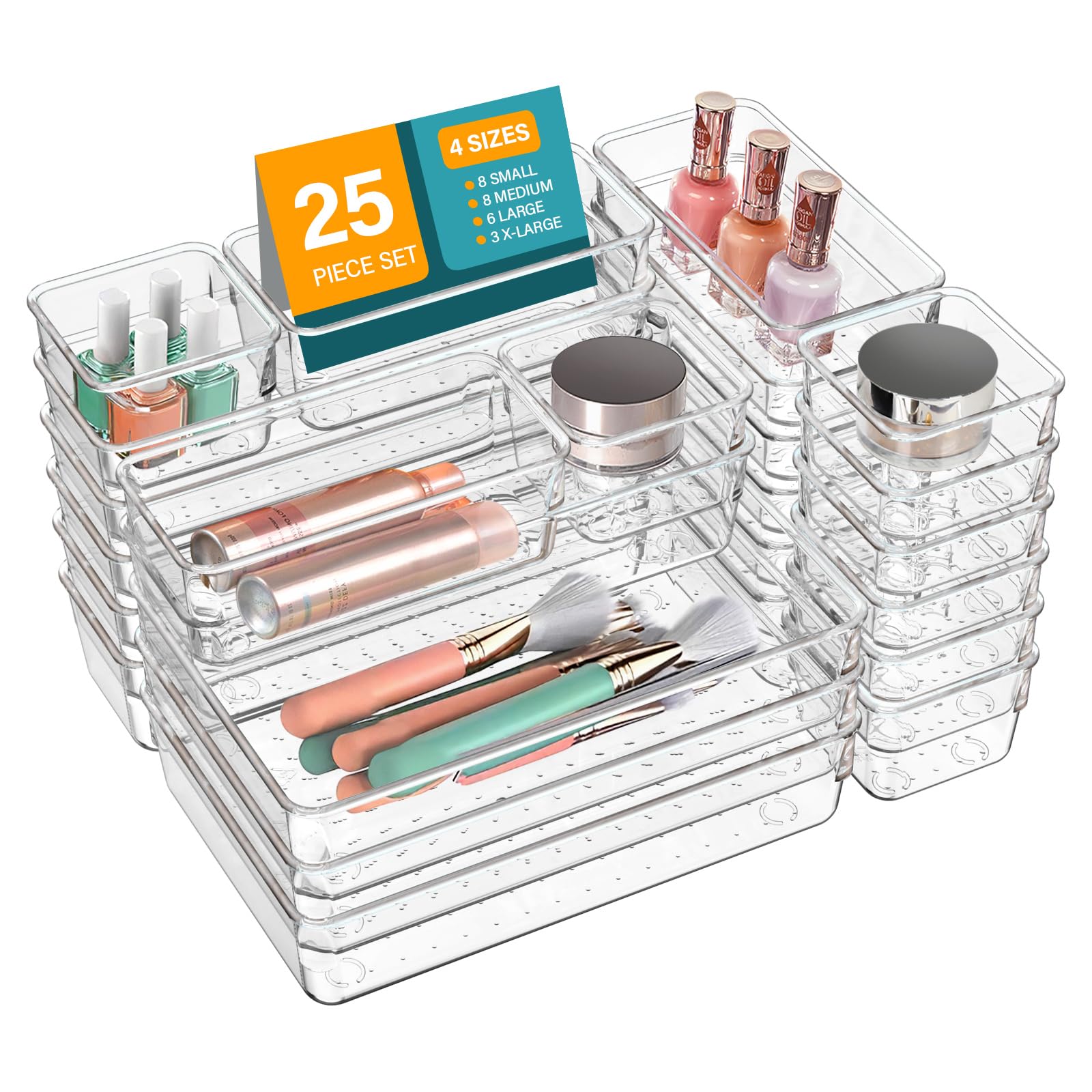 25-Piece Clear Plastic Drawer Organizer Set - 4 Size Stackable Storage Bins & Divider Trays for Bathroom, Kitchen, Office, Makeup | Vanity Organizer, Utensil Storage & Craft Supplies | Perfect for Clutter-Free Drawers & Cabinet Organization