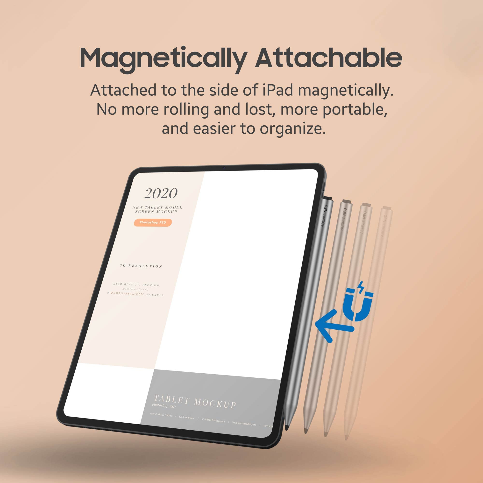 Adonit Neo Matte Silver Magnetic iPad Stylus - Palm Rejection Pencil for Writing & Drawing - Compatible with iPad Air 4th/3rd Gen, iPad Mini 6/5th Gen, iPad 9/8/7/6th Gen, iPad Pro 11/12.9