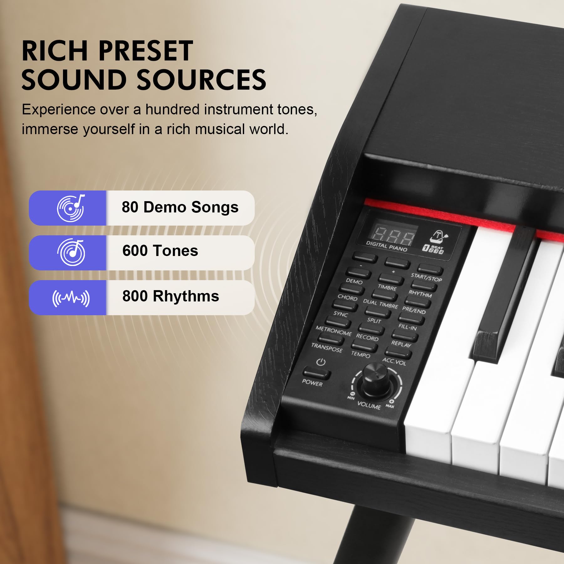 88-Key Digital Piano Keyboard for Beginners - Full Size Semi-Weighted Electric Piano with Music Stand, Sustain Pedal, Headphones & Power Adapter - USB MIDI Compatible Wood Grain Black Keyboard - Perfect for Home Practice, Music Lessons & Studio Recording