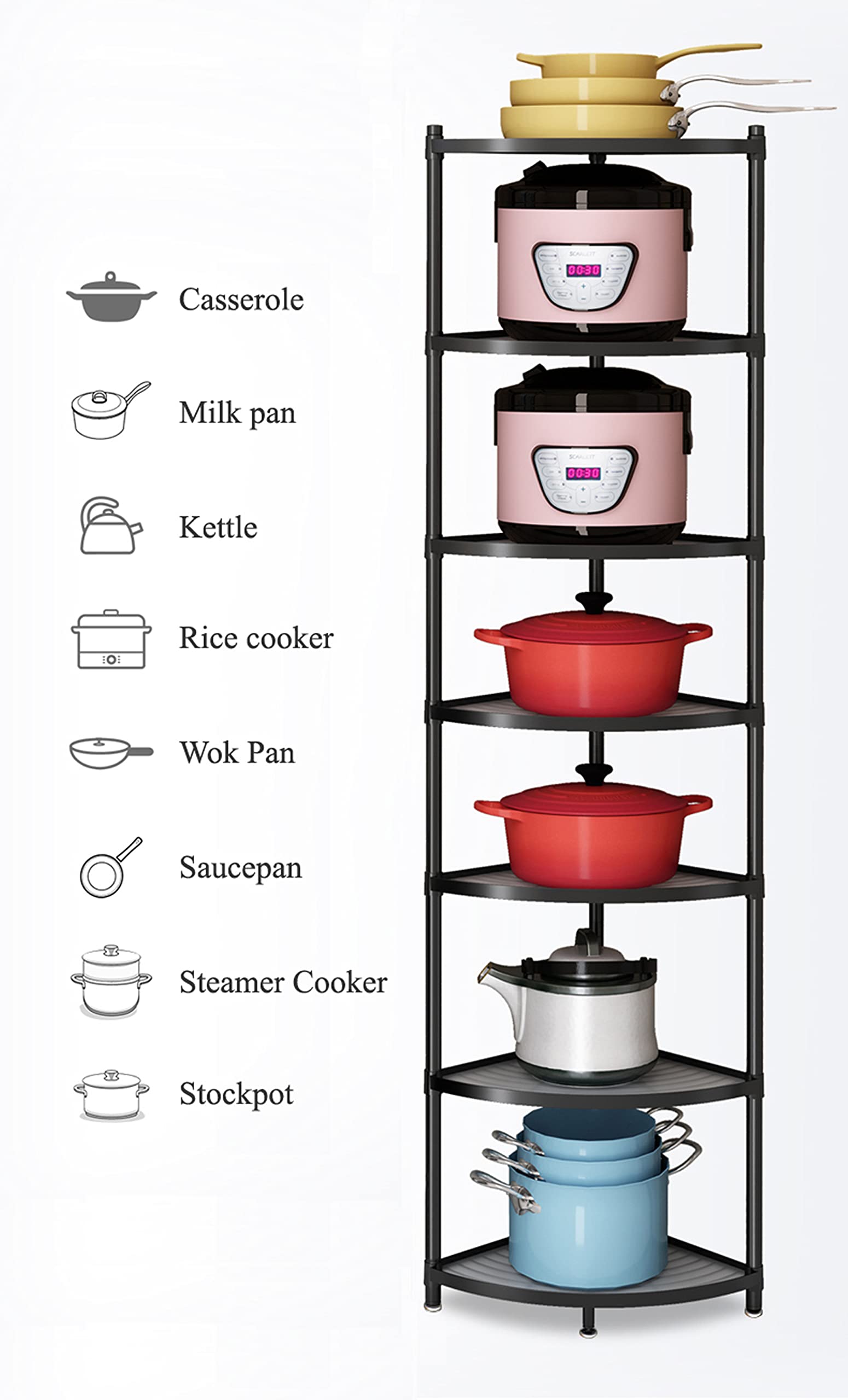 7-Tier Stainless Steel Kitchen Pot Rack - Space Saving Cookware Storage Organizer with Multi-Layer Corner Shelves for Pots, Pans & Utensils - Perfect for Small Kitchens & Pantry Organization