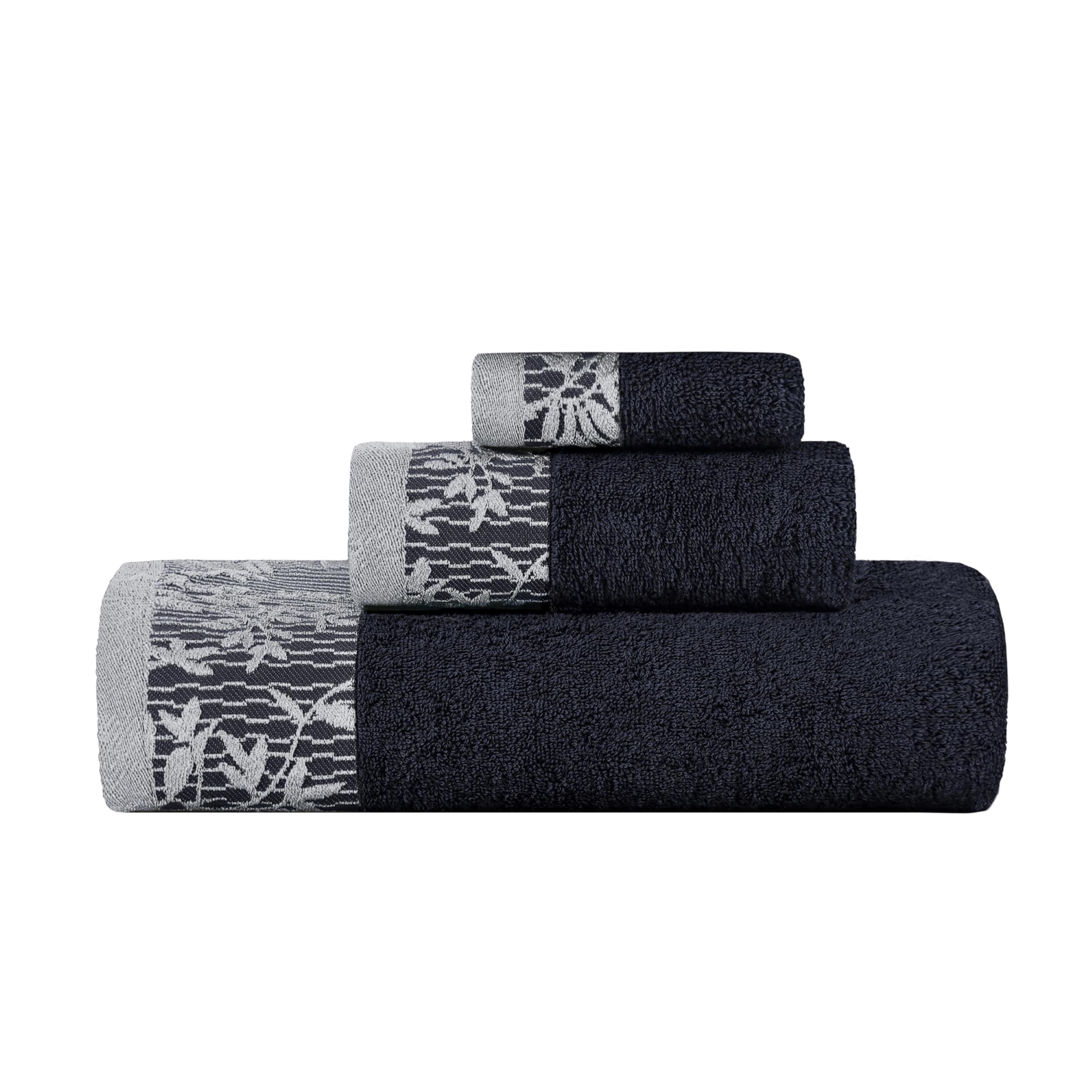 Premium 3-Piece Cotton Towel Set - Floral Jacquard Dobby Trim, Ultra Soft & Quick-Drying Bath Towels for Bathroom, Shower & Spa | Includes Body Towel, Hand Towel & Washcloth | Wisteria Collection in Black | Perfect for Luxury Bathrooms, Guest Rooms & Spa Days