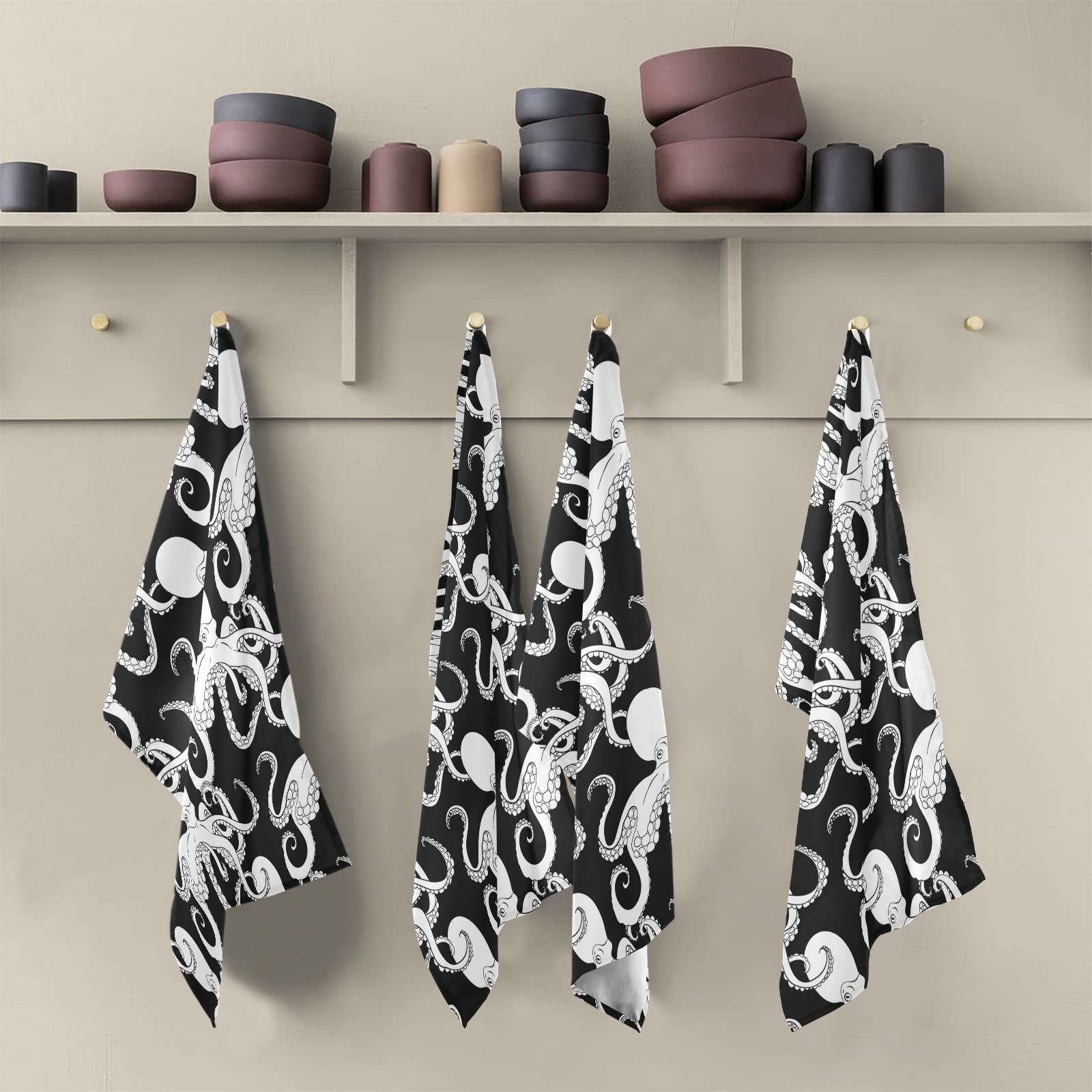 ALAZA Cartoon Octopus Kraken Black & White Kitchen Towels - Super Absorbent & Soft Dish Cloths (18x28 Inches, 1 Pack) - Perfect for Dishes, Bar Cleaning & Tea Time