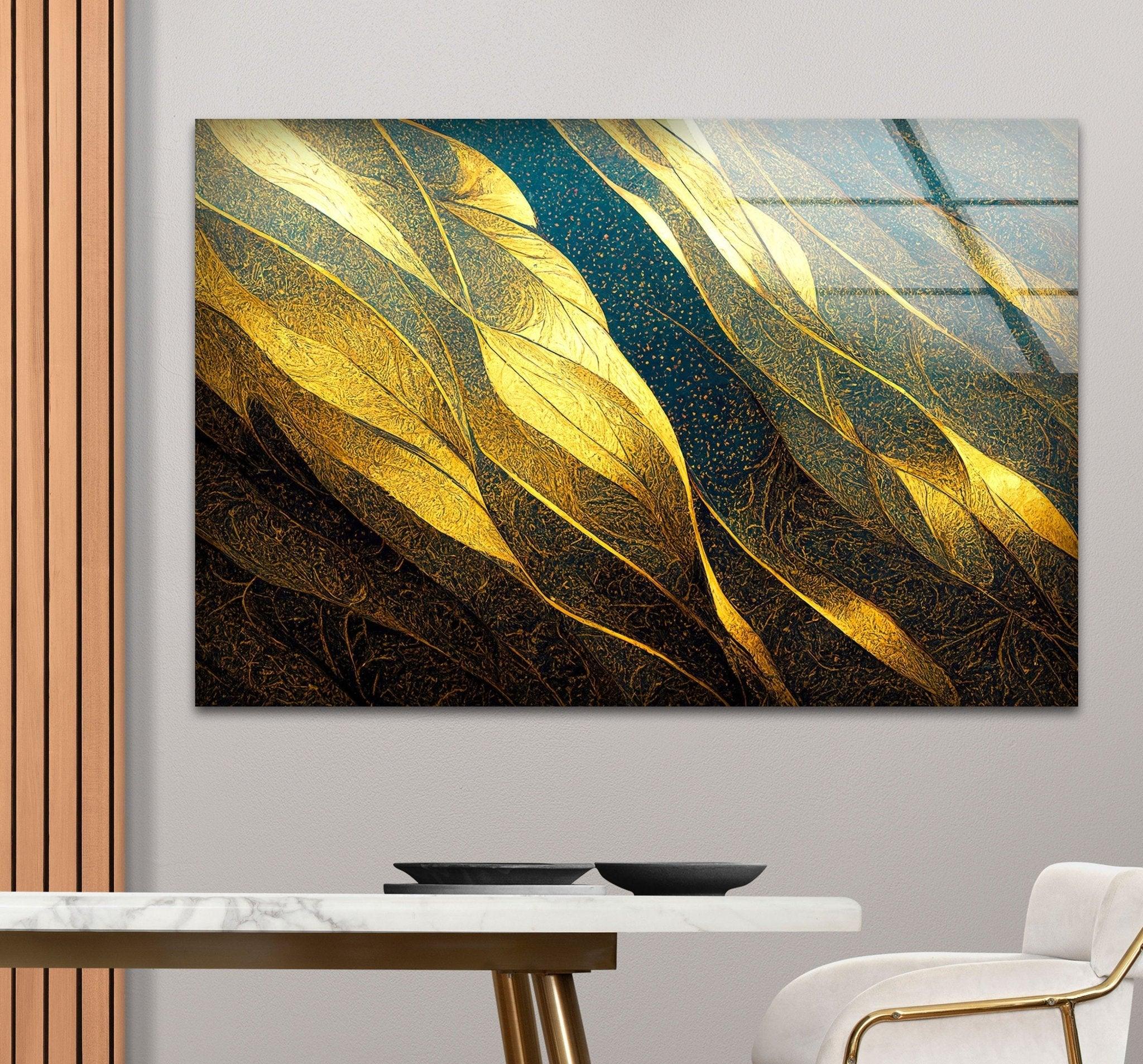Abstract Decorative Golden Elegant Glass Wall Art - Modern Home Decor for Living Room, Bedroom & Office | Handcrafted Glass Panel for Stylish Interior Design