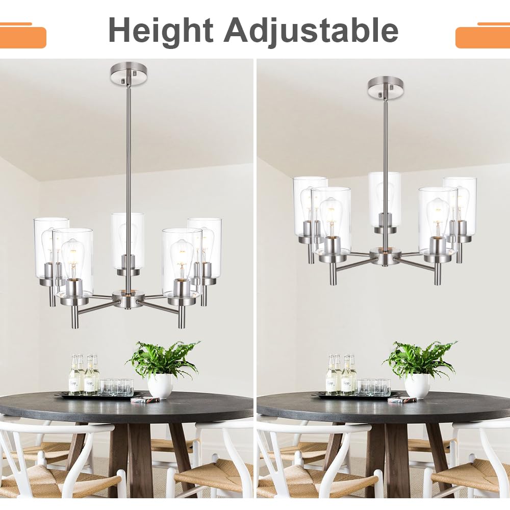 5-Lights Modern Chandelier in Brushed Nickel - Farmhouse Style Dining Room Pendant Light with Clear Glass Shades - Perfect for Kitchen, Living Room, Bedroom - Compatible with E26 Bulb Base - Elegant Ceiling Lighting for Home Decor