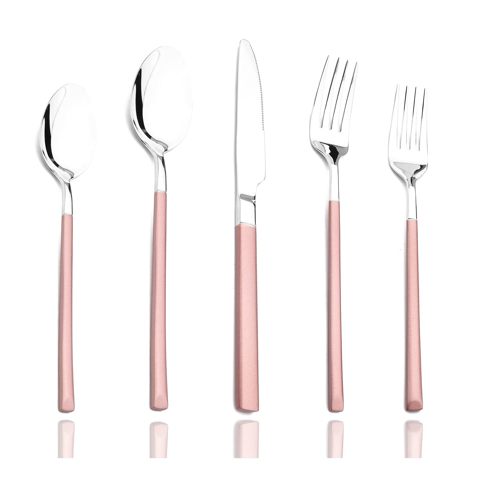 JASHII 20-Piece Stainless Steel Flatware Set - 18/10 Silverware Service for 4 with Dinner Forks, Spoons & Knives - Square Edge Mirror Polished Cutlery Set (Dishwasher Safe, Pink Silver) - Perfect for Dining, Wedding Gifts & Home Kitchen Essentials