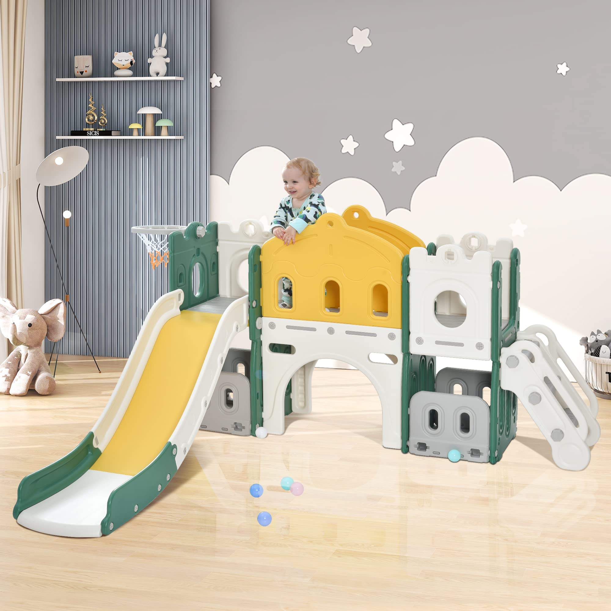 Merax 6-in-1 Kids Slide & Climber Set with Basketball Hoop - Freestanding Toddler Playground Slide with Storage Space - Indoor/Outdoor Playset for Backyard, Playroom & Daycare Activities