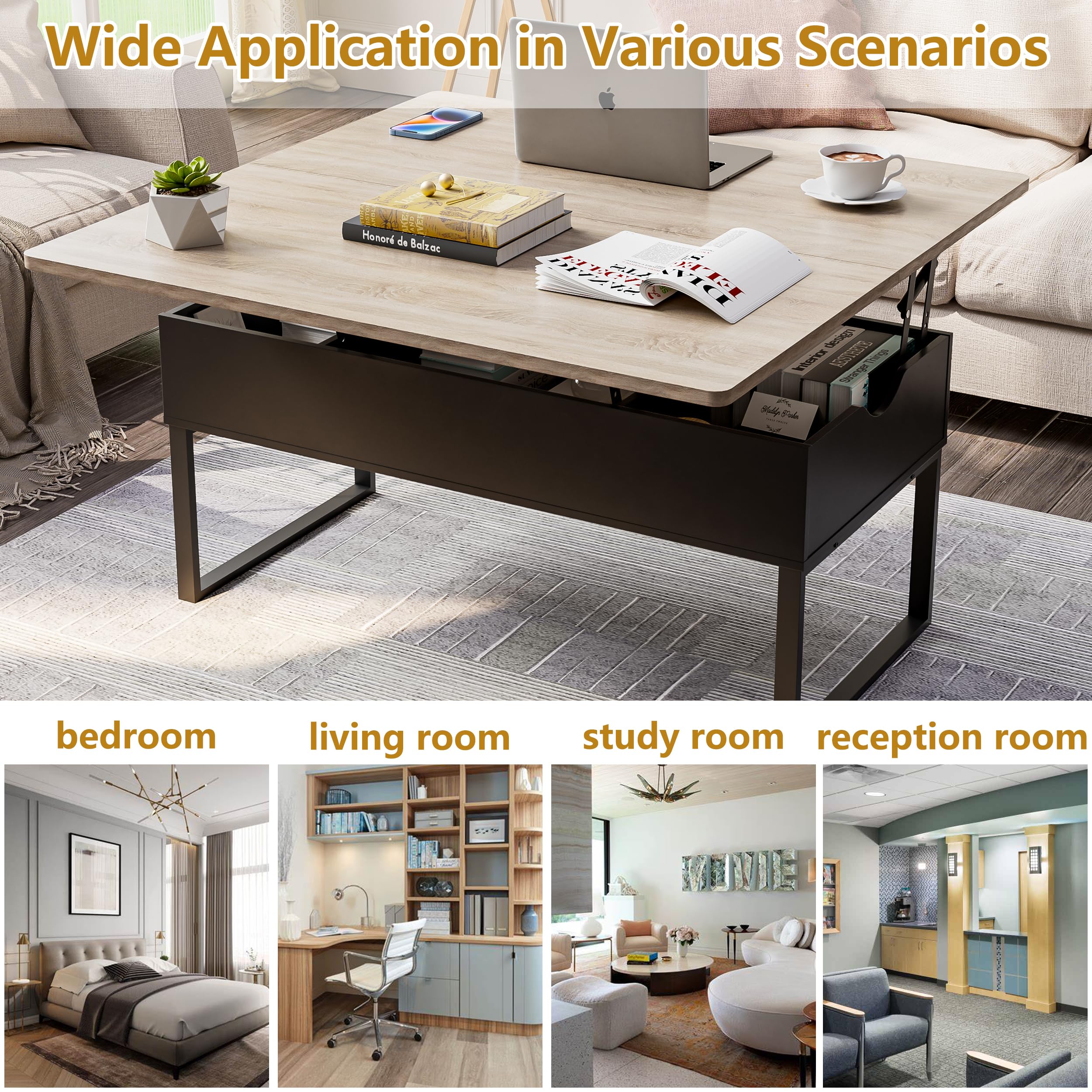 JoliJour Modern Lift-Top Coffee Table with Hidden Storage Compartment - Industrial Brown Living Room & Bedroom Side Table | Perfect for Small Spaces, Entertaining Guests, and Storing Remote Controls