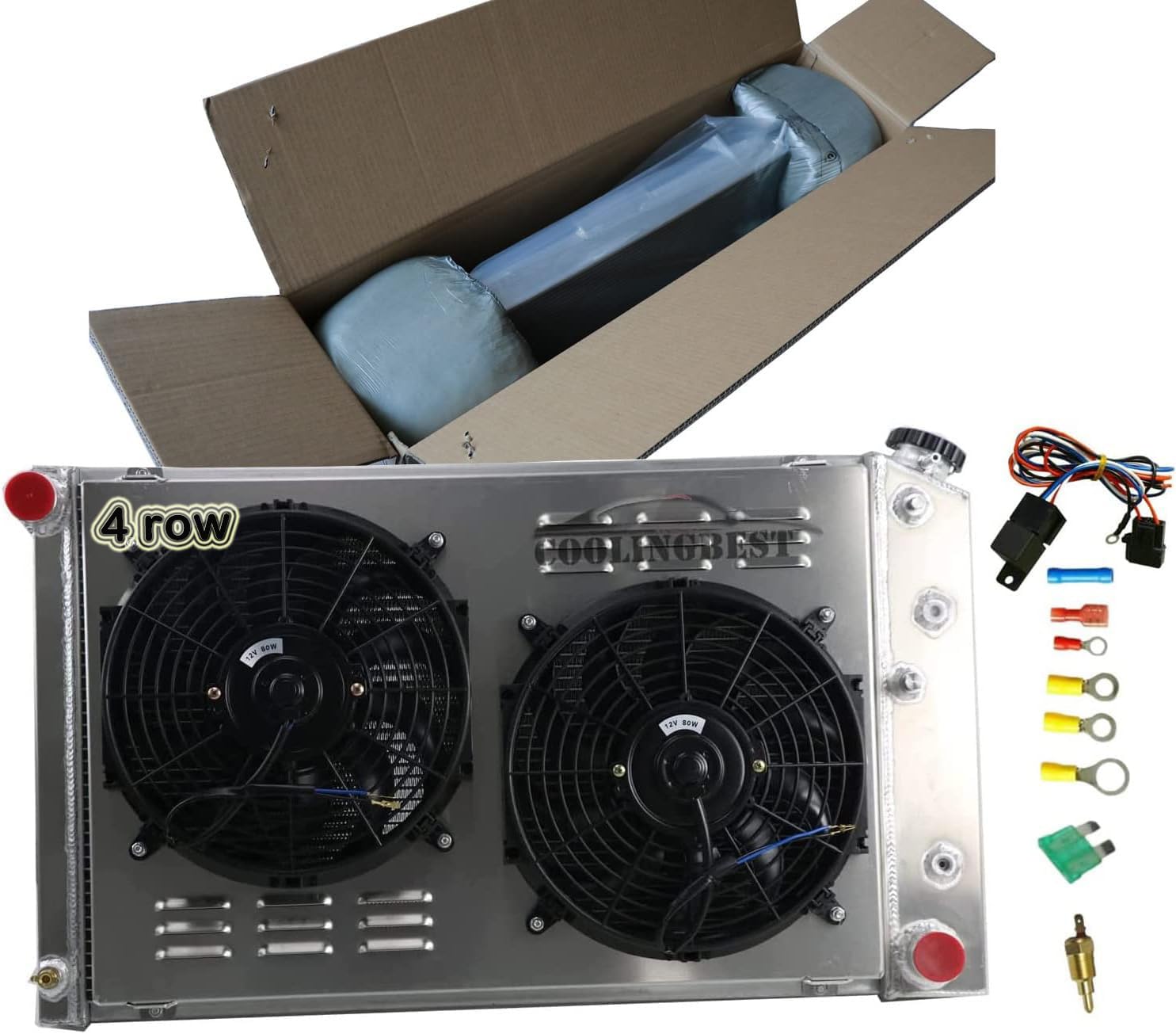 4 Row Aluminum Radiator for 1977-1987 Chevy Nova, C/K/G/P Series C10 C20 C30 K10 K20 K30, 40 Suburban, Buick Century, 1977-1980 GMC C/K/G 15 25 35 K1500 K2500 K3500 - High Performance CU162 Radiator with Electric Fan Shroud & Relay Kit - Perfect for Engine Cooling & Off-Road Adventures
