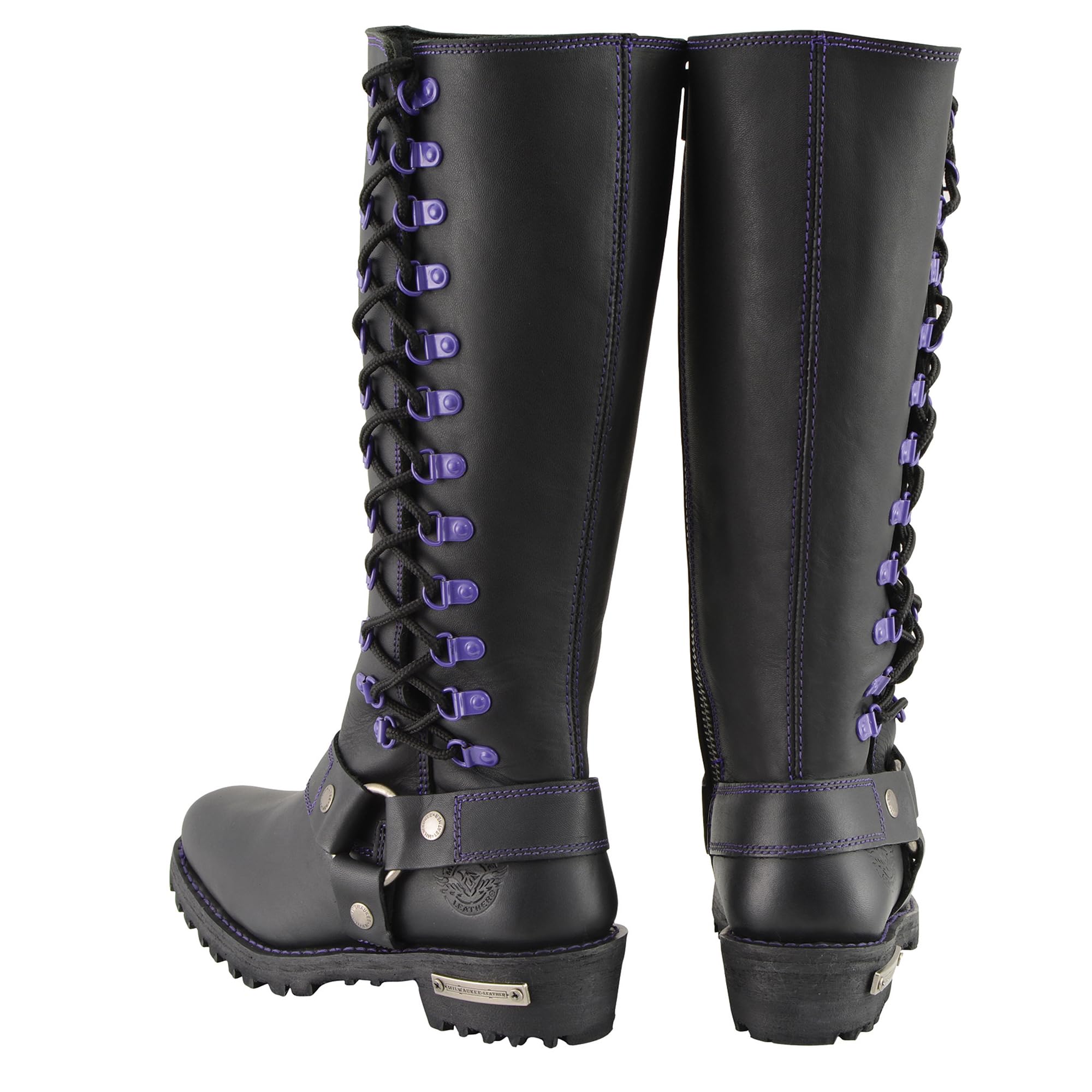 Milwaukee Leather Women's Black 14-inch Motorcycle Boots with Purple & Pink Lacing - Harness Style Biker Boots for Riding & Fashion (MBL9366-MBL9367) | Perfect for Cruiser Motorcycles & Urban Streetwear