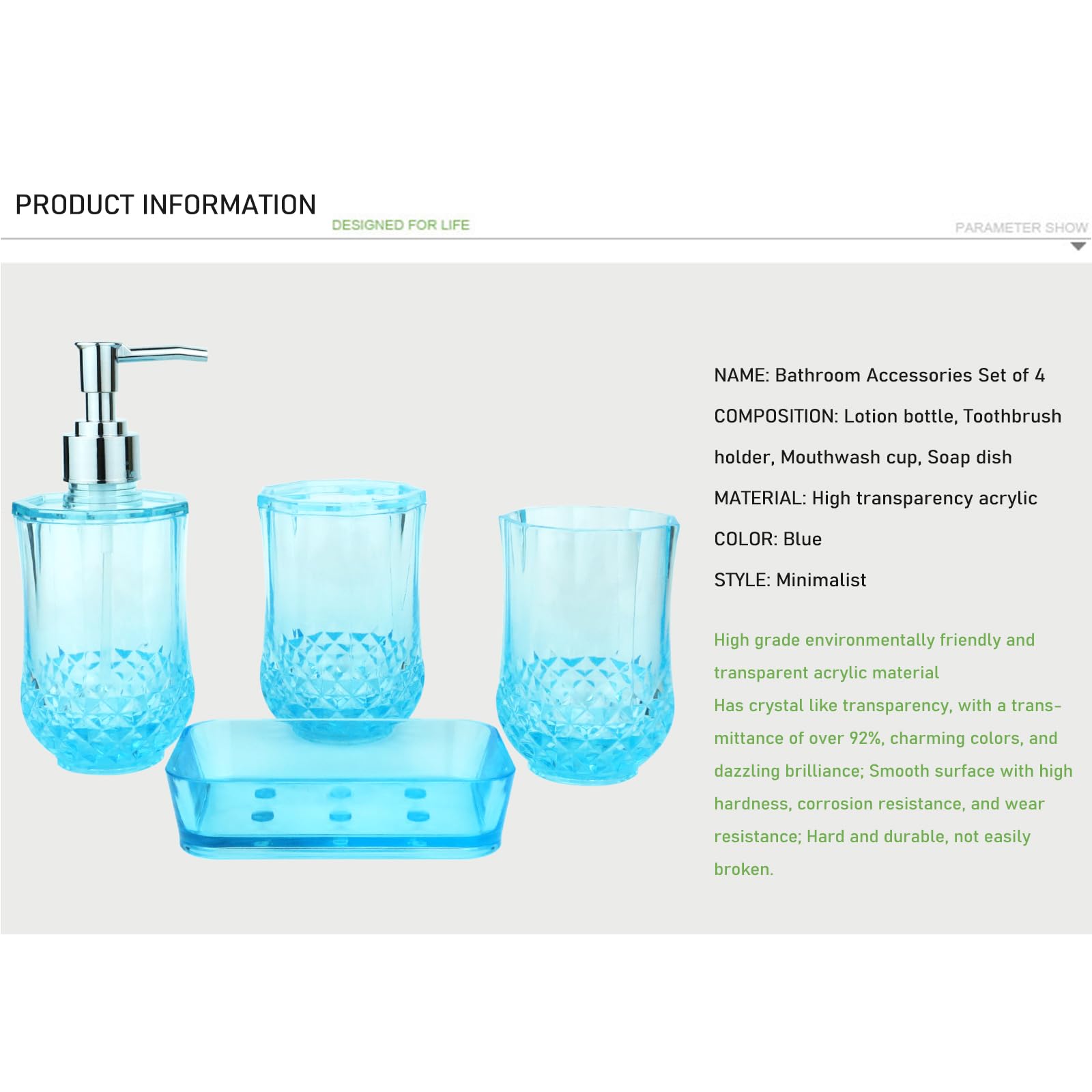 Acrylic Plastic Bathroom Accessories Set - Soap Dispenser, Toothbrush Holder, Cup & Soap Dish (4-Piece, Blue) | Modern & Durable for Home, Apartment, Hotel