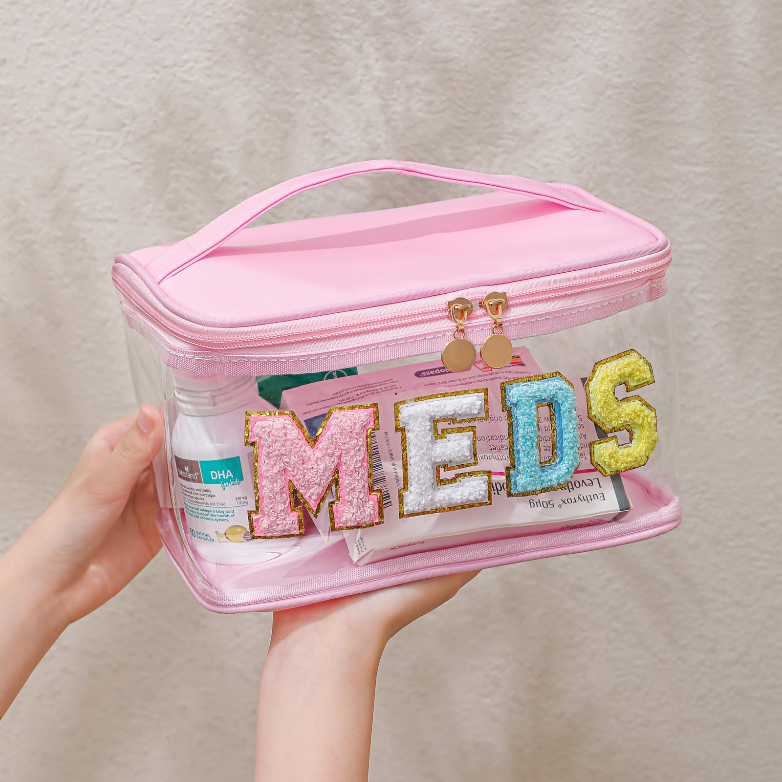 Waterproof Chenille Letter Clear Makeup Bag - Large Transparent PVC Nylon Cosmetic Organizer with Handle for Travel, First Aid, Medicine Storage (Light Pink) - Perfect for School, Gym, Work & Vacation Essentials