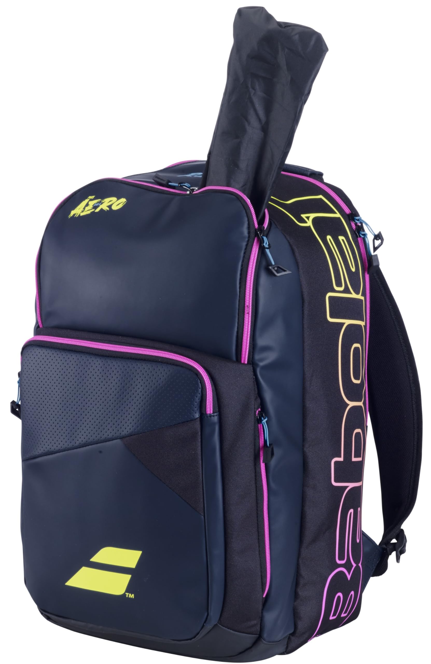 Babolat Pure Aero Rafa Tennis Backpack - Dark Navy/Yellow/Pink | Durable Tennis Gear Bag for Players & Fans | Perfect for Court, Gym & Travel