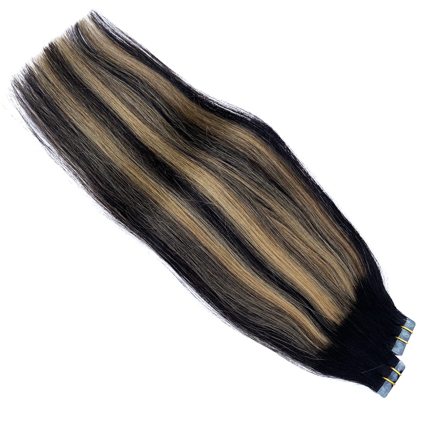 20pcs Tape in Hair Extensions Human Hair - Double Sided Invisible Real Hair Extensions, Ombre Black to Caramel Blonde Highlights, Remy Hair 20 Inch 50G Skin Weft - Perfect for Parties, Weddings & Daily Styling