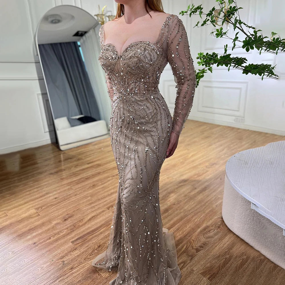 Elegant Arabic Turquoise Mermaid Evening Gown with Beaded Details & High Split - Women's Formal Dress for Wedding, Party & Special Occasions - Serene Hill LA72093