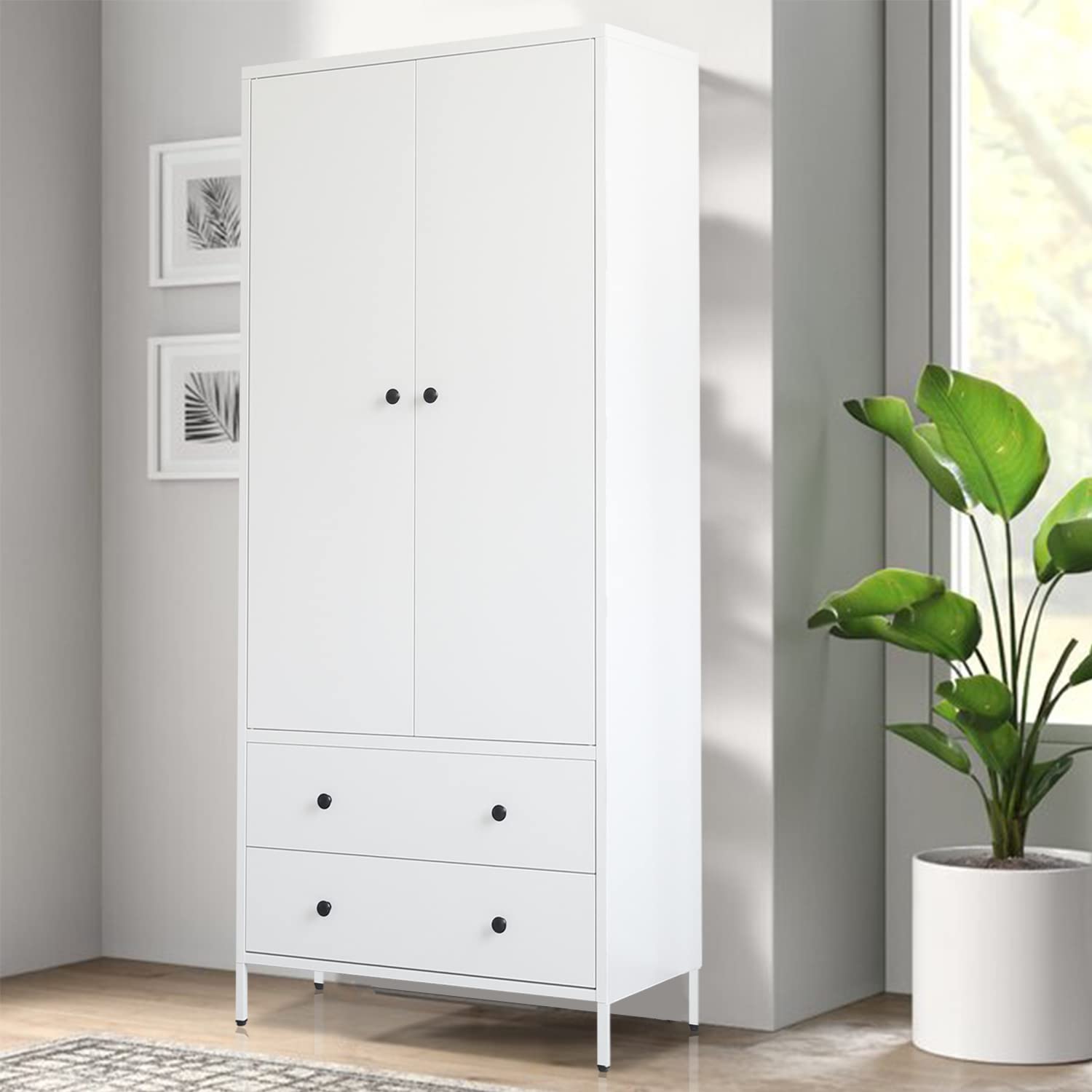 BESFUR Freestanding Wardrobe Closet - White Metal Armoire with 2 Drawers & Adjustable Hanging Rod, 20