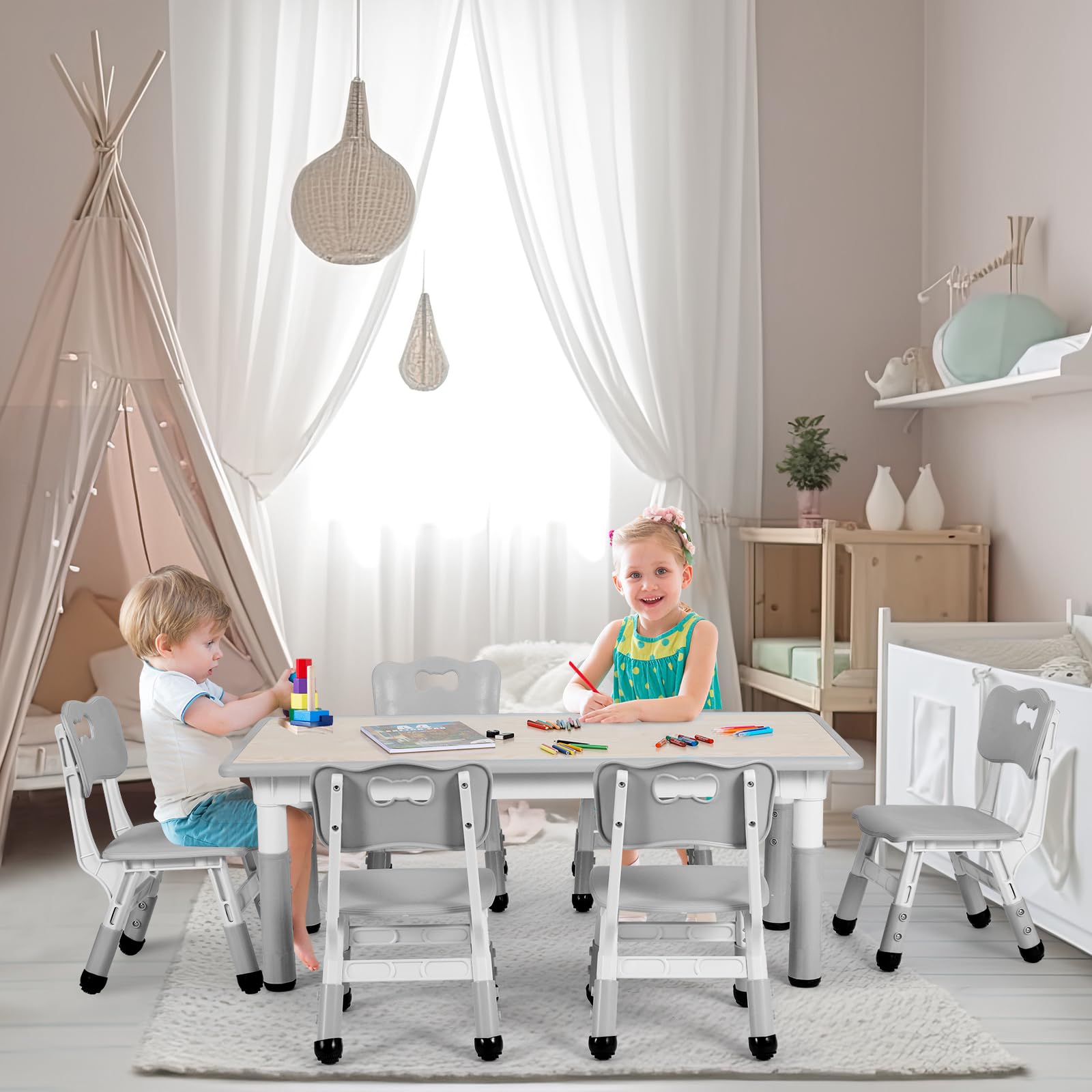 Arlopu Kids Study Table and Chairs Set - Adjustable Height, Multifunctional Learning Desk with 6 Chairs for Children's Bedroom, Playroom or Homeschooling - Gray