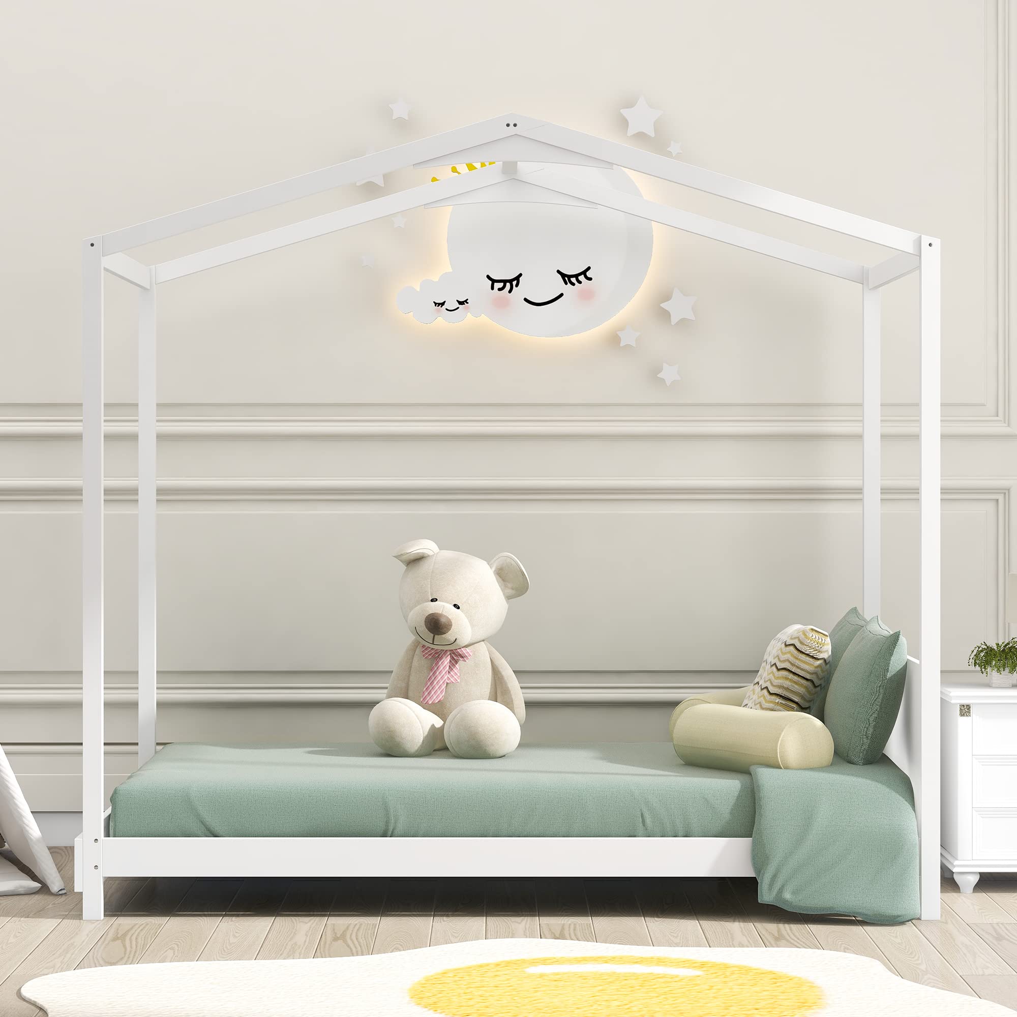 SOFTSEA Twin Floor Bed with Headboard and Book Rack - Sturdy Wooden House Bed Frame for Kids & Teens - No Box Spring Needed - Perfect for Small Bedrooms, Playrooms & Dorm Rooms