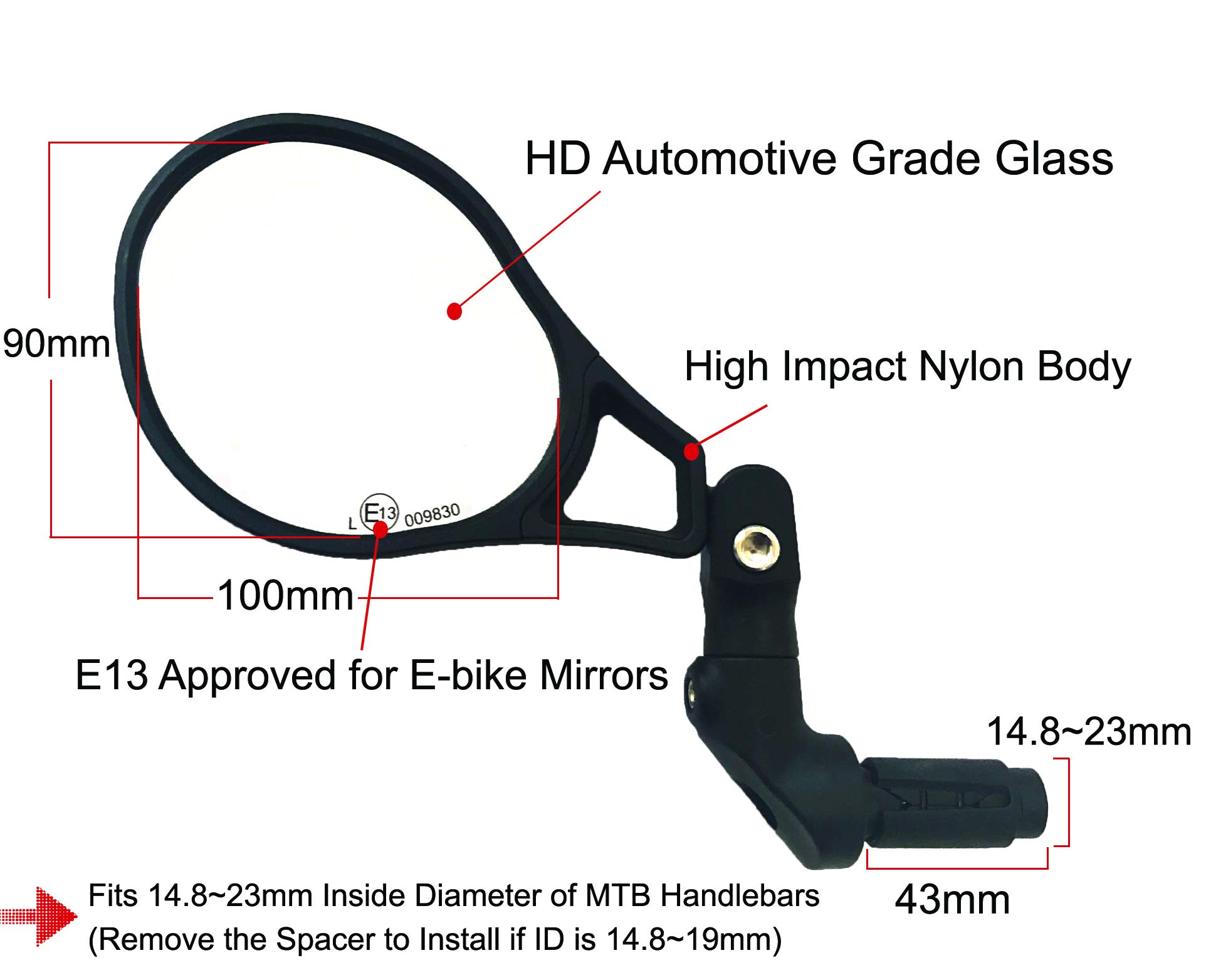 Hafny E13 Approved E-Bike Mirror - Large Surface Bar End Bike Mirror with HD Automotive Glass - Safe Blast-Resistant Cycling Mirror for Road Bikes, Mountain Bikes & Commuting