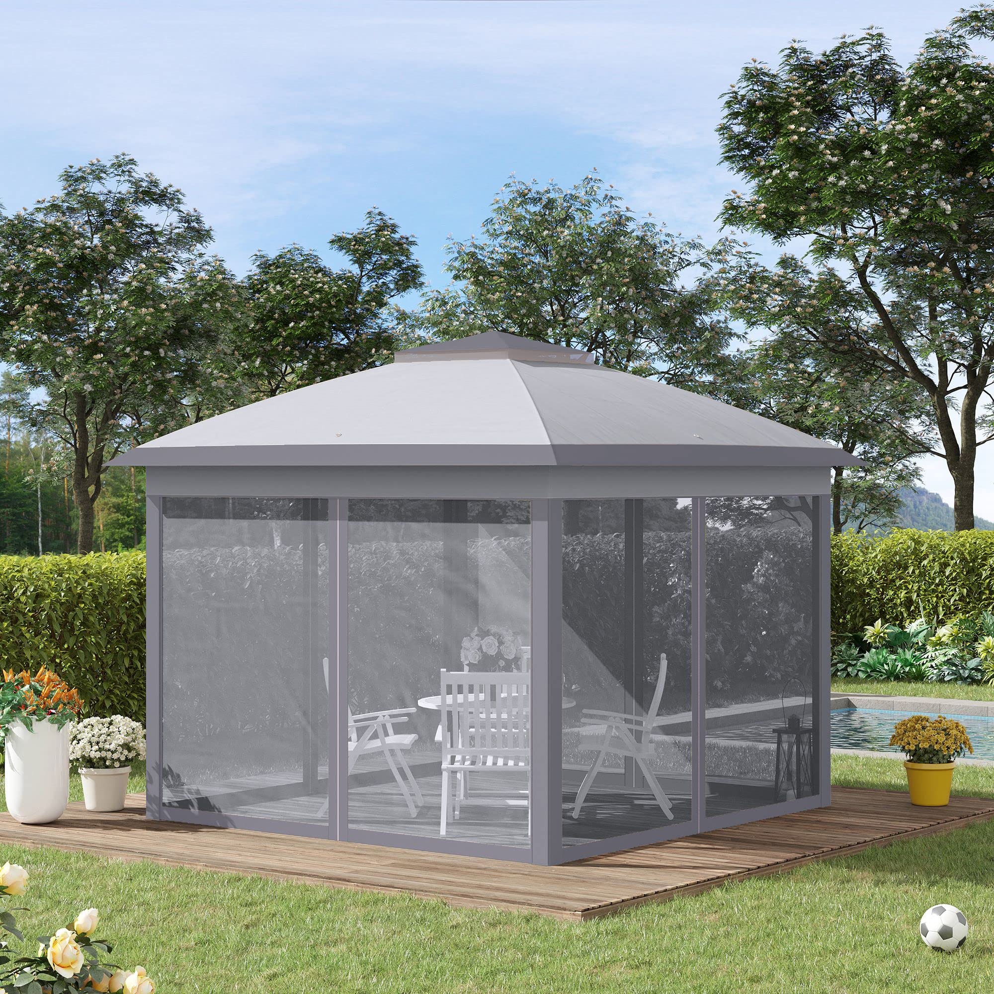 Outsunny 11' x 11' Pop Up Canopy Tent with Netting & Carry Bag - Instant Gazebo Sun Shelter for Outdoor Parties, Camping, Beach & Backyard - 121 Sq Ft Shade Cover for Garden, Patio, BBQ & Picnic (Gray)