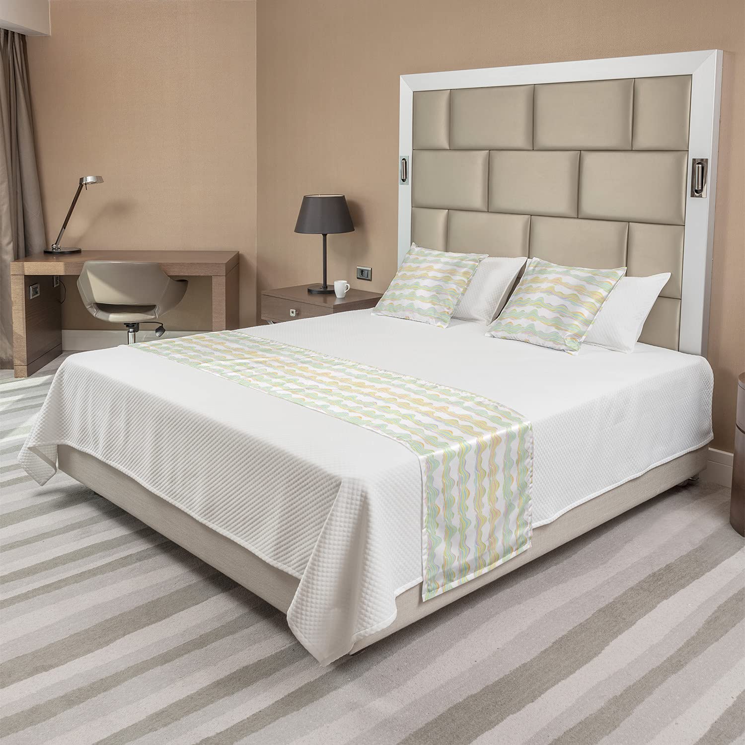 Ambesonne Geometric Bed Runner Set with Colorful Abstract Wave Pattern - Pastel Horizontal Torsion Effect - Queen Size Bed Scarf & 2 Pillow Shams for Hotels & Home Decor - Perfect for Modern Bedroom, Guest Room & Airbnb Styling